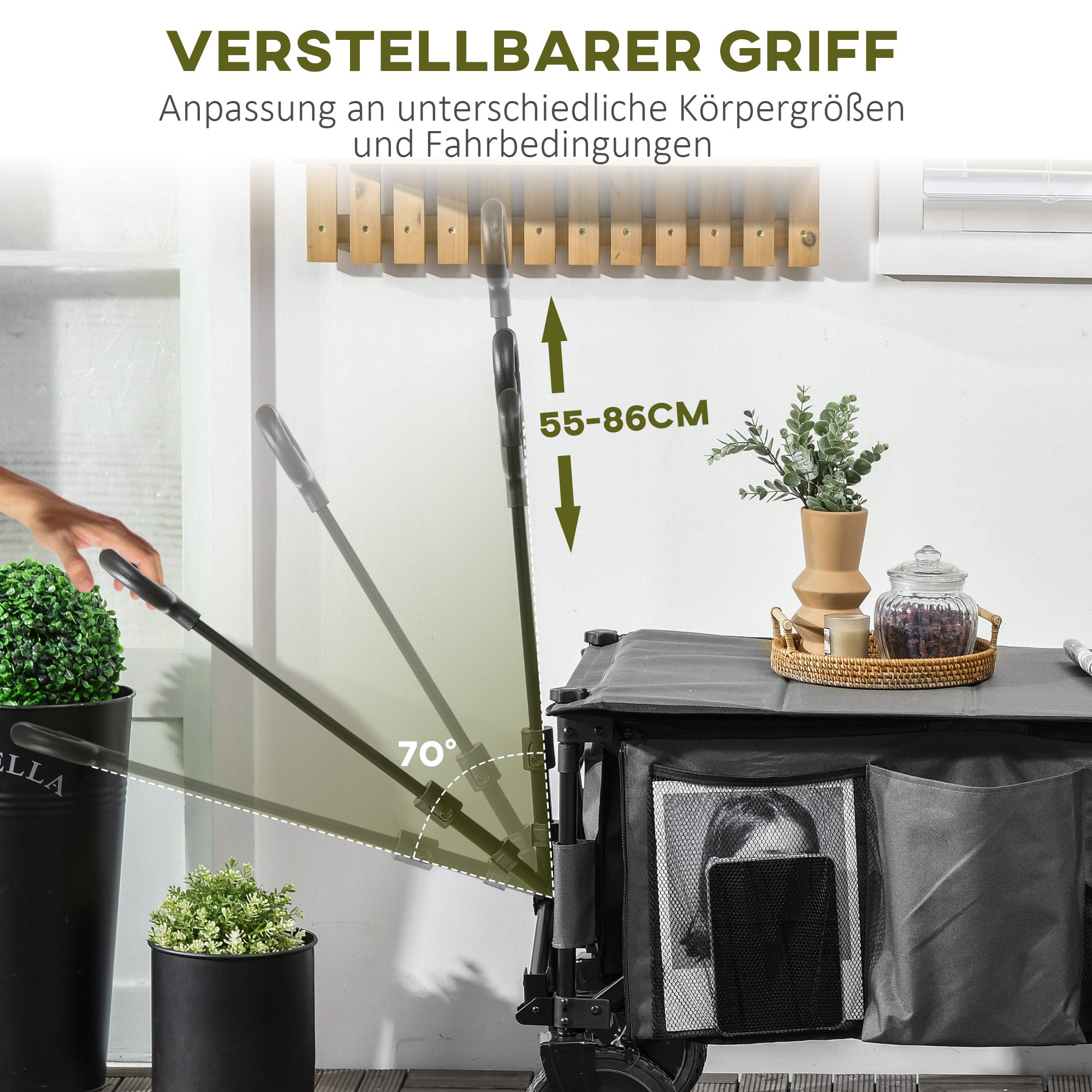 Outsunny Bollerwagen, klappbar, 5 Seitentaschen, verstellbarer Griff, bis 120 kg, Stahl, dunkelgrau, 100 x 55 x 93 cm