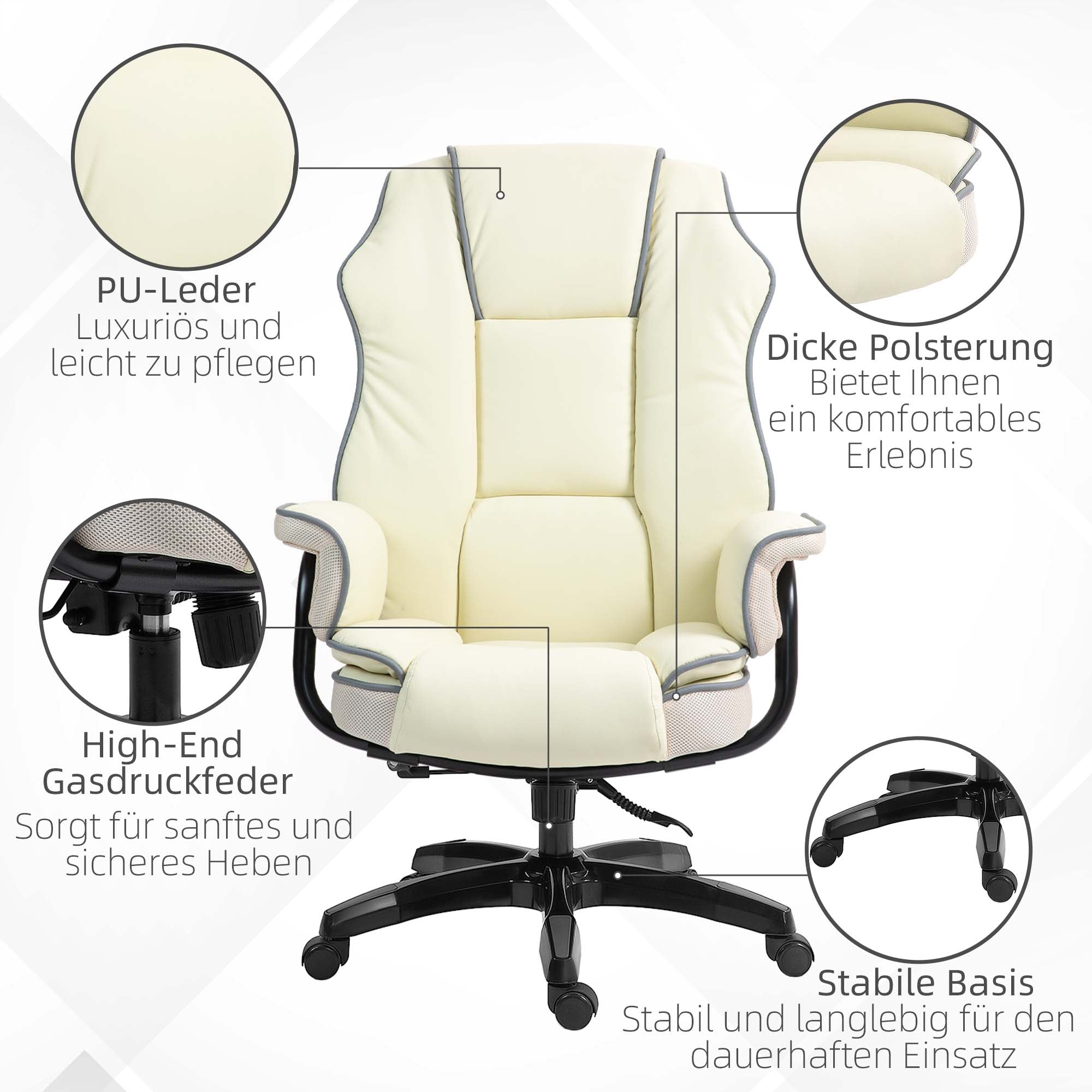 Vinsetto Ergonomischer Bürostuhl, extra gepolstert, Liegefunktion, Kunstleder, 76x80x118-124 cm, Creme