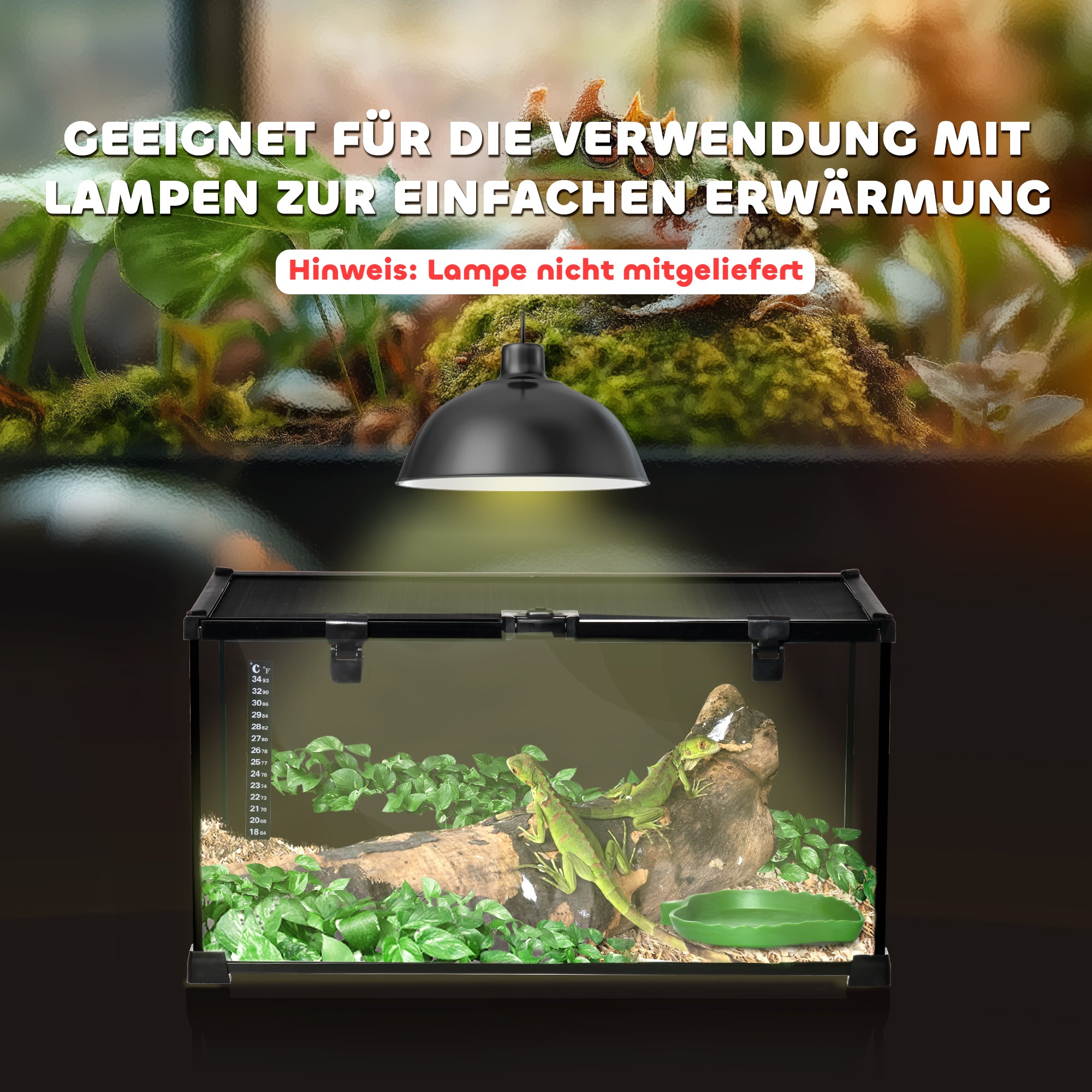 PawHut Reptilienbox Terrarium, inkl. Streifenthermometer, Fütterungsklappen, 50 cm x 30 cm x 25 cm, Glas + Metall, Schwarz