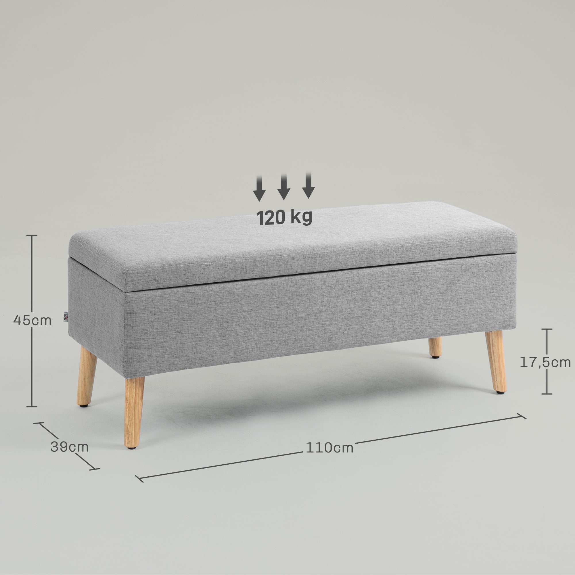 HOMCOM Polsterbank mit Stauraum, Bezug in Leinenoptik, Kautschukholzbeine, bis 220 kg, 110x39x45cm, Grau