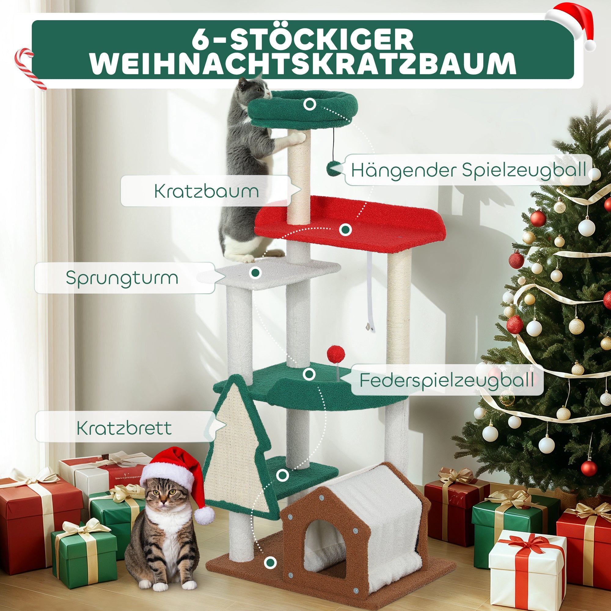 PawHut 135 cm Katzenkratzbaum in Weihnachtsfarben mit Katzenbett, Katzenhaus, Kratzpfosten, Sprungplattformen, Spielzeugbällen