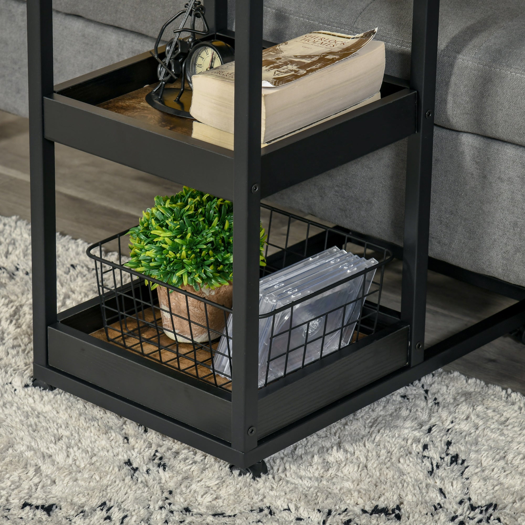 HOMCOM Beistelltisch mit Rädern für Sofa oder Bett, Industriestil, Stahl und Holz, Braun und Schwarz