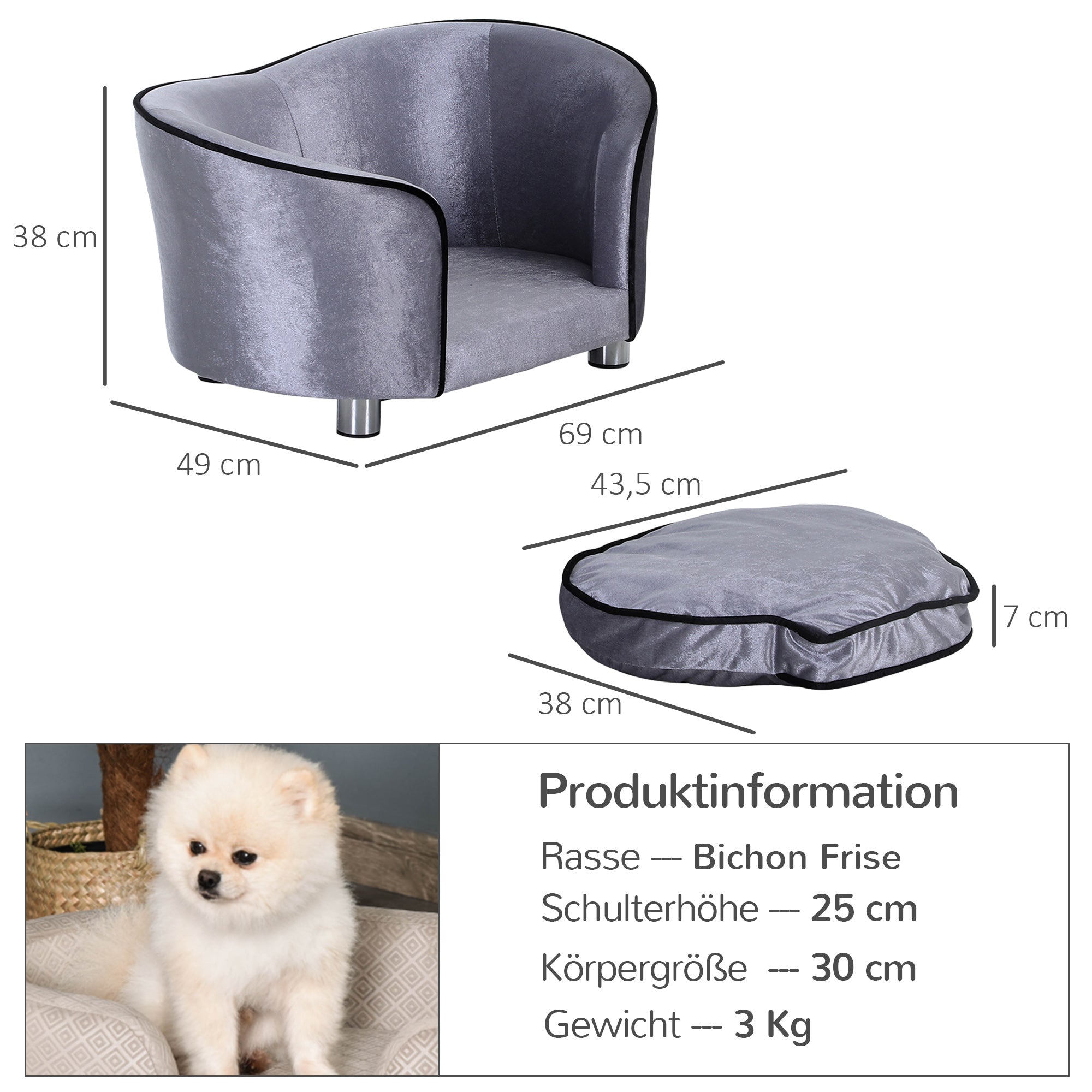 PawHut Hundesofa, Hundebett, waschbares Sitzkissen, Plüschbezug, Naturholzrahmen, hellgrau, 69 x 49 x 38cm