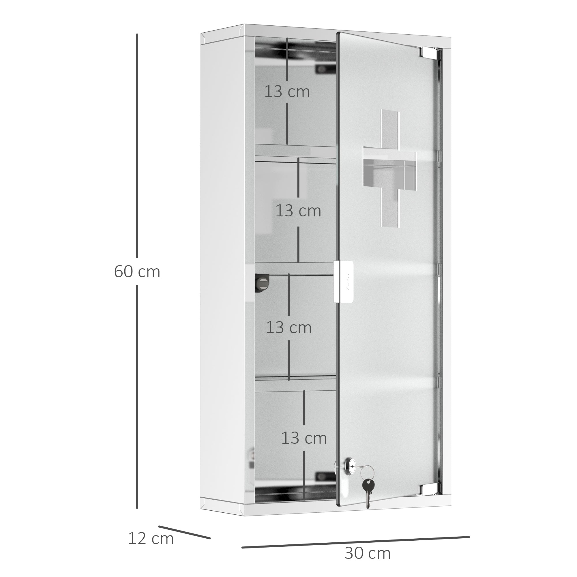 HOMCOM Medizinschrank Arzneischrank aus Edelstahl, Abschließbar Medikamentenschrank mit 4 Fächern, Glastür Apothekerschrank zur Medikamenten-Aufbewahrung, 30 x 12 x 60 cm