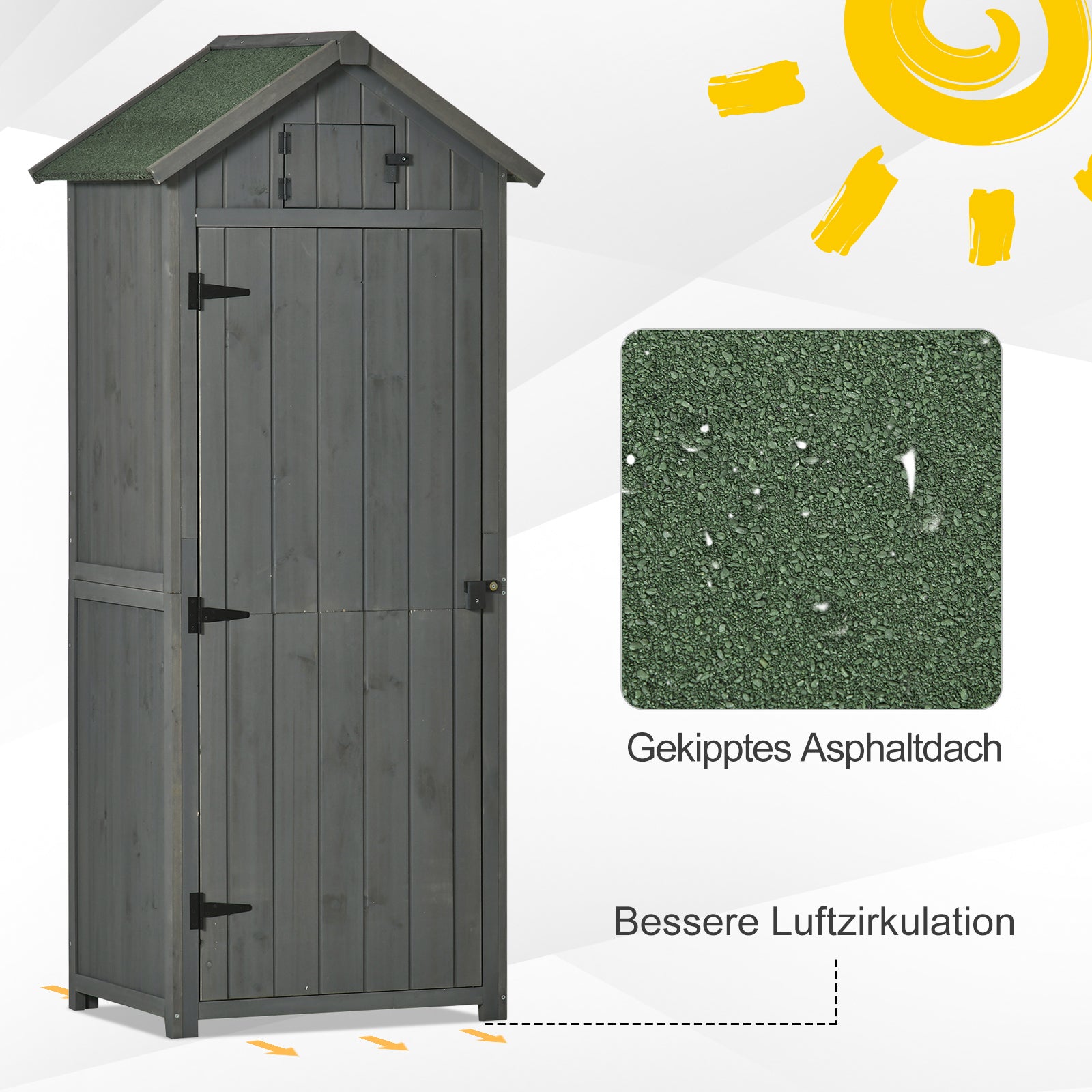 Outsunny Gartenschrank Holz, Geräteschuppen wetterfest 77x54,2x179cm, Gerätehaus mit Tür, Satteldach, Geräteschrank mit Böden, Werkzeugschrank Gartenschuppen für Garten, Terrasse, Grau+Grün