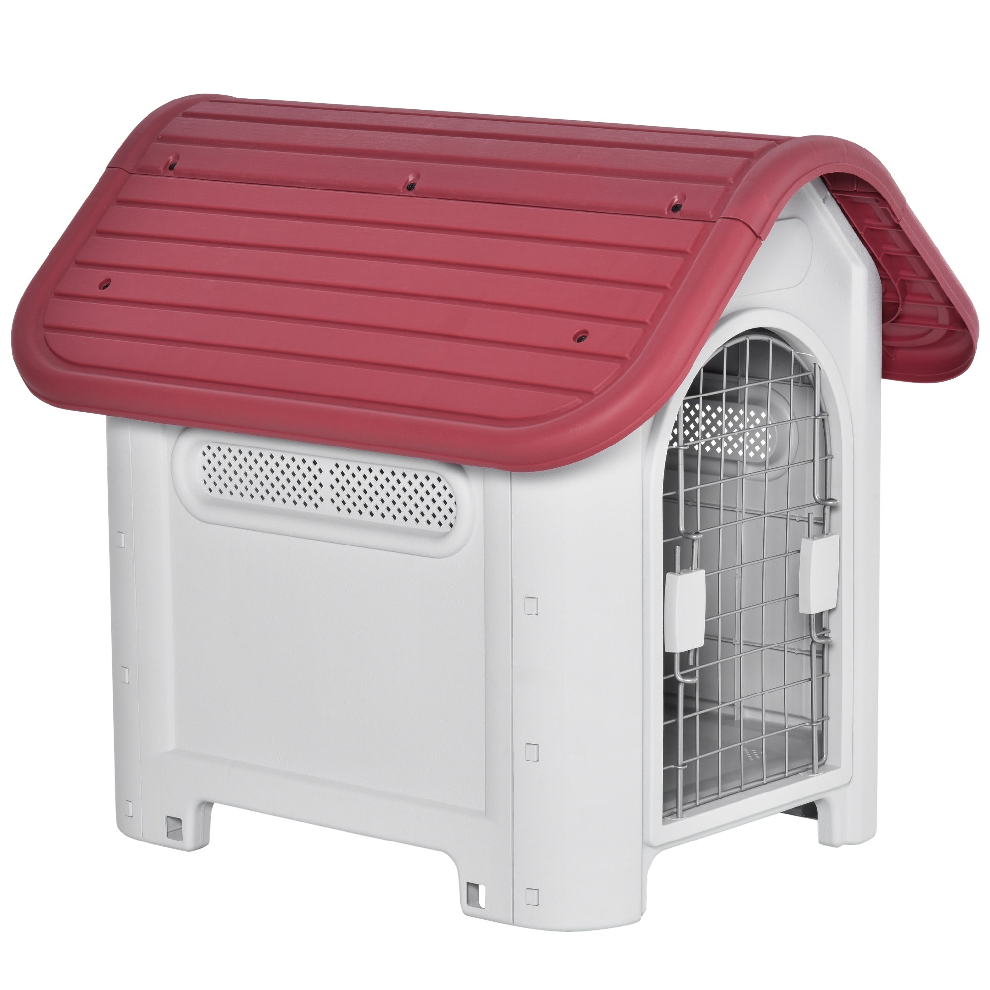 PawHut Hundehütte Outdoor Hundehaus mit Dachluke Tor Unterschlupf für kleine Hunde Kleintierstall Luftzirkulation wasserdicht Metall Kunststoff Rot+Hellgrau 59 x 75 x 66 cm