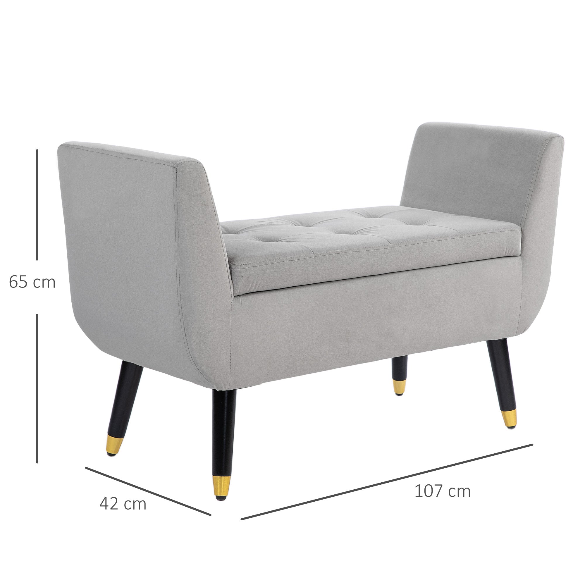 HOMCOM Sitzbank mit Stauraum und Armlehnen, Truhenbank, samtartiges Polyester, Kautschukholz, Hellgrau, 107 x 42 x 65 cm