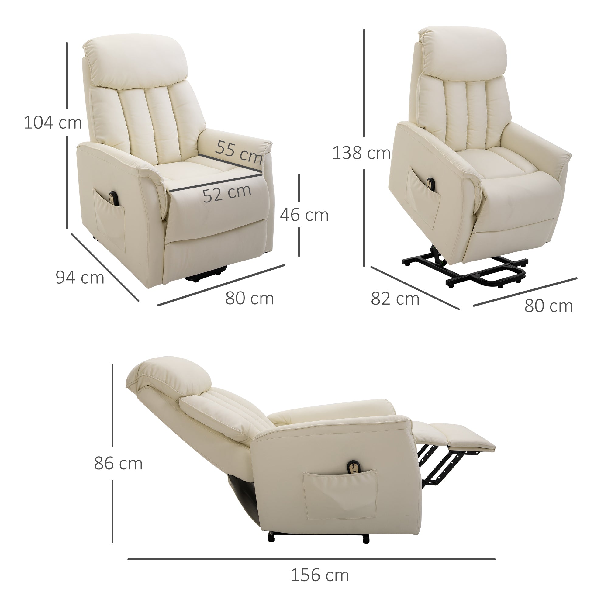 HOMCOM Relaxsessel Elektrisch Fernsehsessel mit Aufstehhilfe, Liegefunktion, TV Sessel mit Fußteil, Seitentasche, Fernbedienung, für Wohnzimmer, bis 150 kg, Kunstleder, Beige