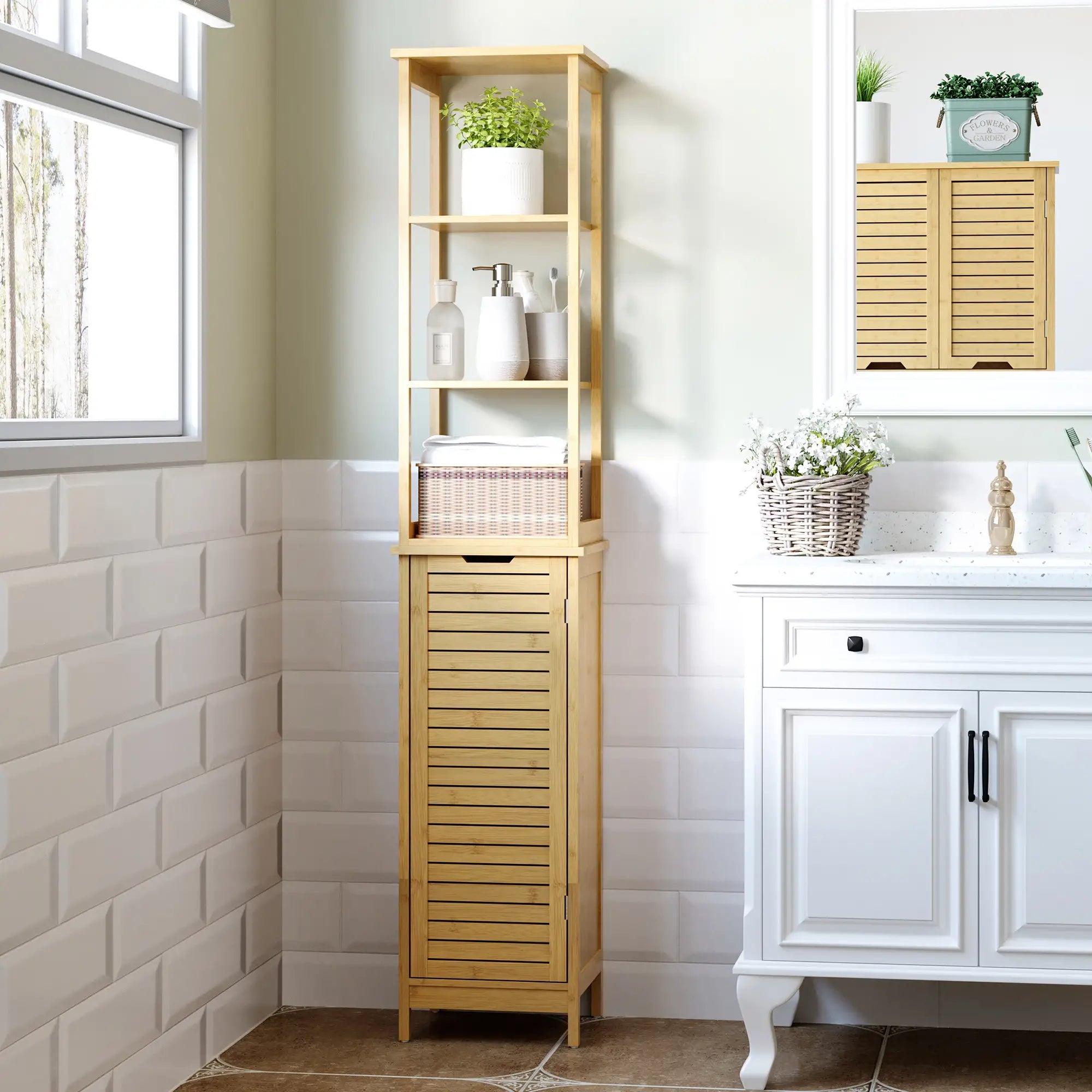 kleankin Badezimmerschrank Hochschrank viel Stauraum Lamellentür Bambus