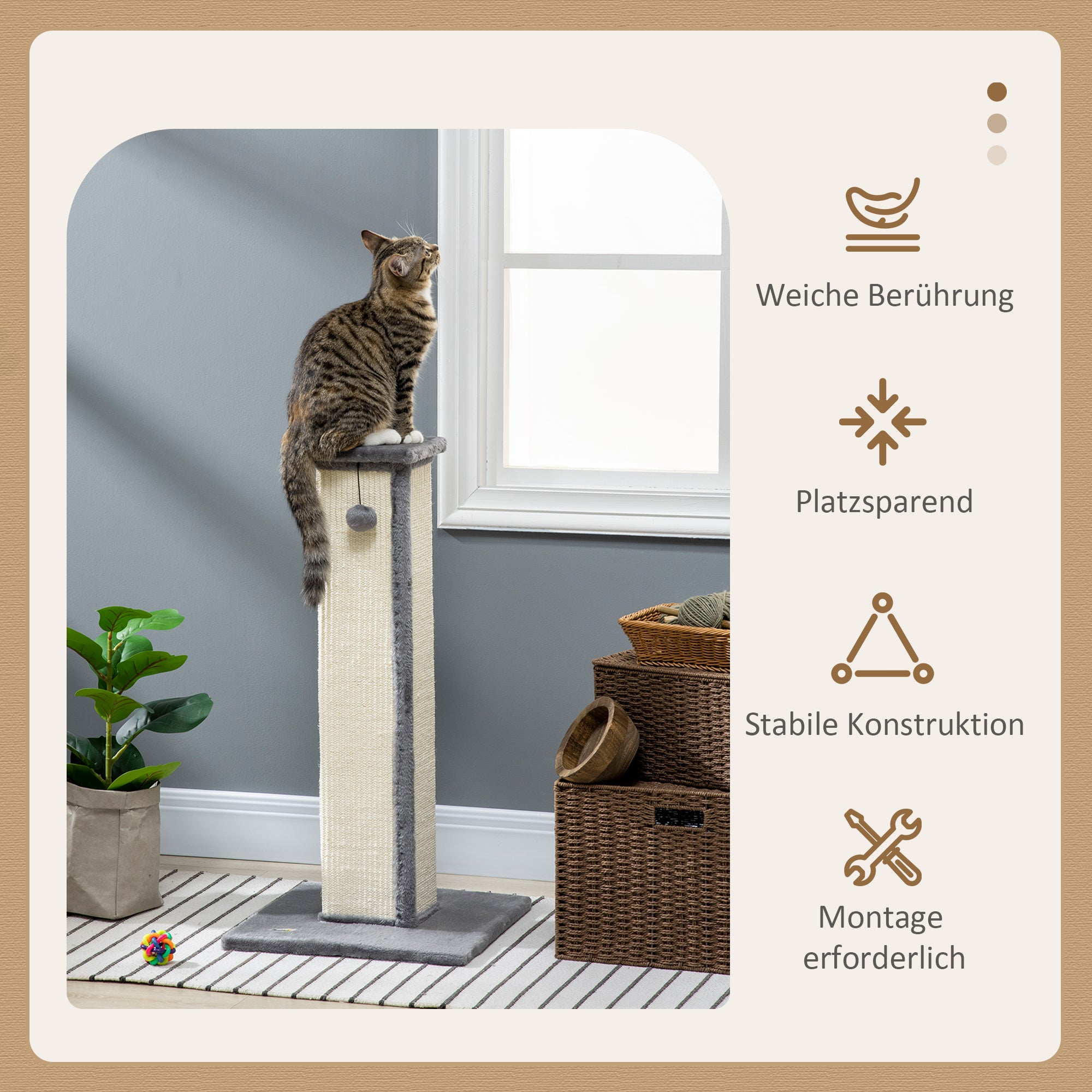 PawHut Kratzbaum Katzenbaum, inkl. Spielball, Plüsch, Sisal, 41 cm x 41 cm x 81 cm, Creme + Grau