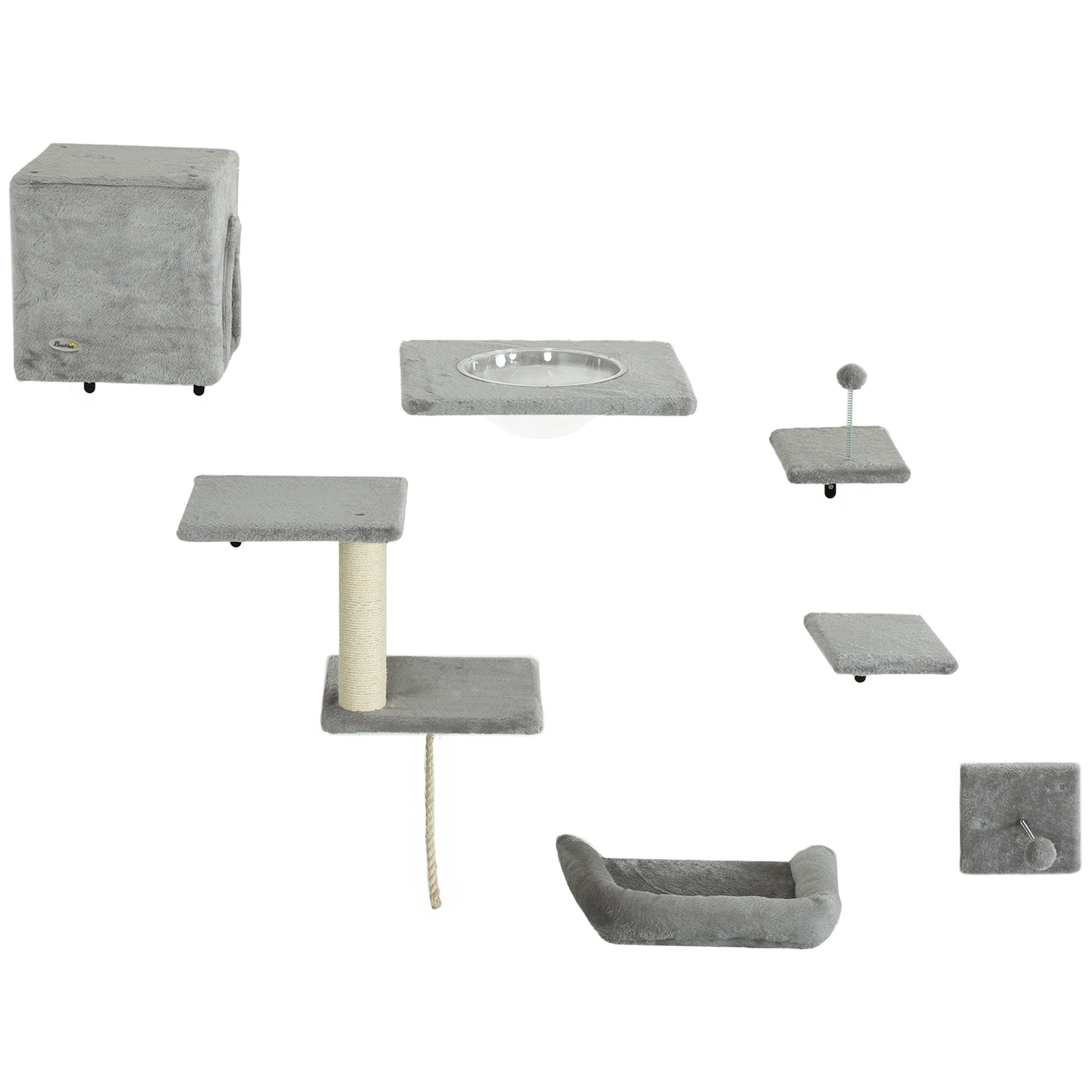PawHut Kletterwand Katzen 7-teilig Katzen Kletterwand Set mit Katzenhaus, Plattform, Plattform Grau