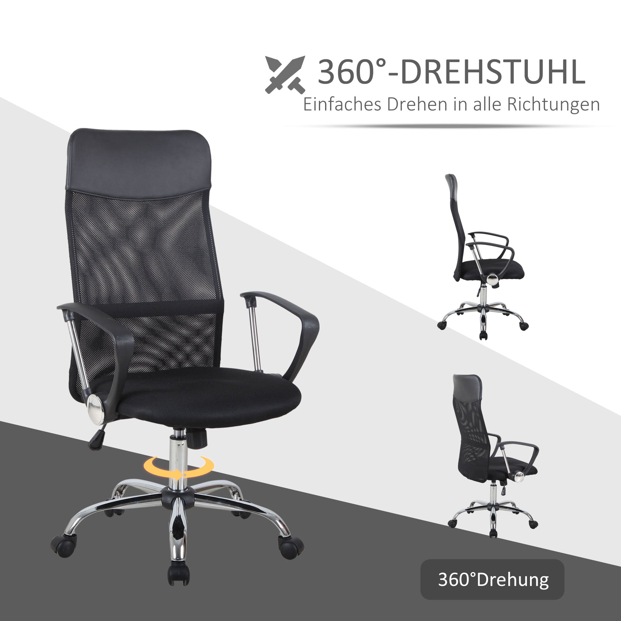 HOMCOM Ergonomischer Bürostuhl, Gaming Stuhl, Drehstuhl mit Wippenfunktion, höhenverstellbarer Schreibtischstuhl, Schaumstoff, Netz, Schwarz,  63 x 65 x 109-119 cm
