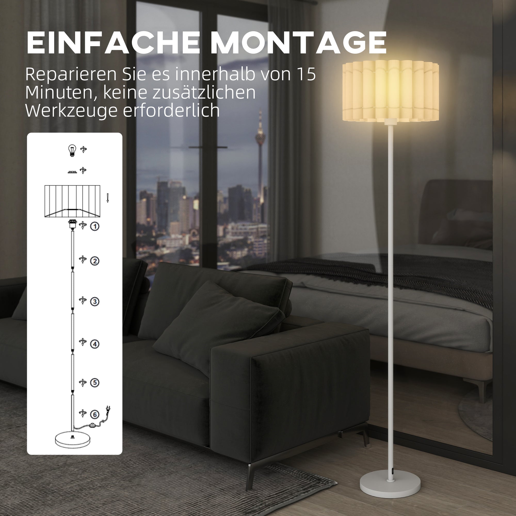 HOMCOM Stehlampe im Retro-Stil, Kunststoff-Lampenschirm, Fußschalter, Metallstab, Weiß