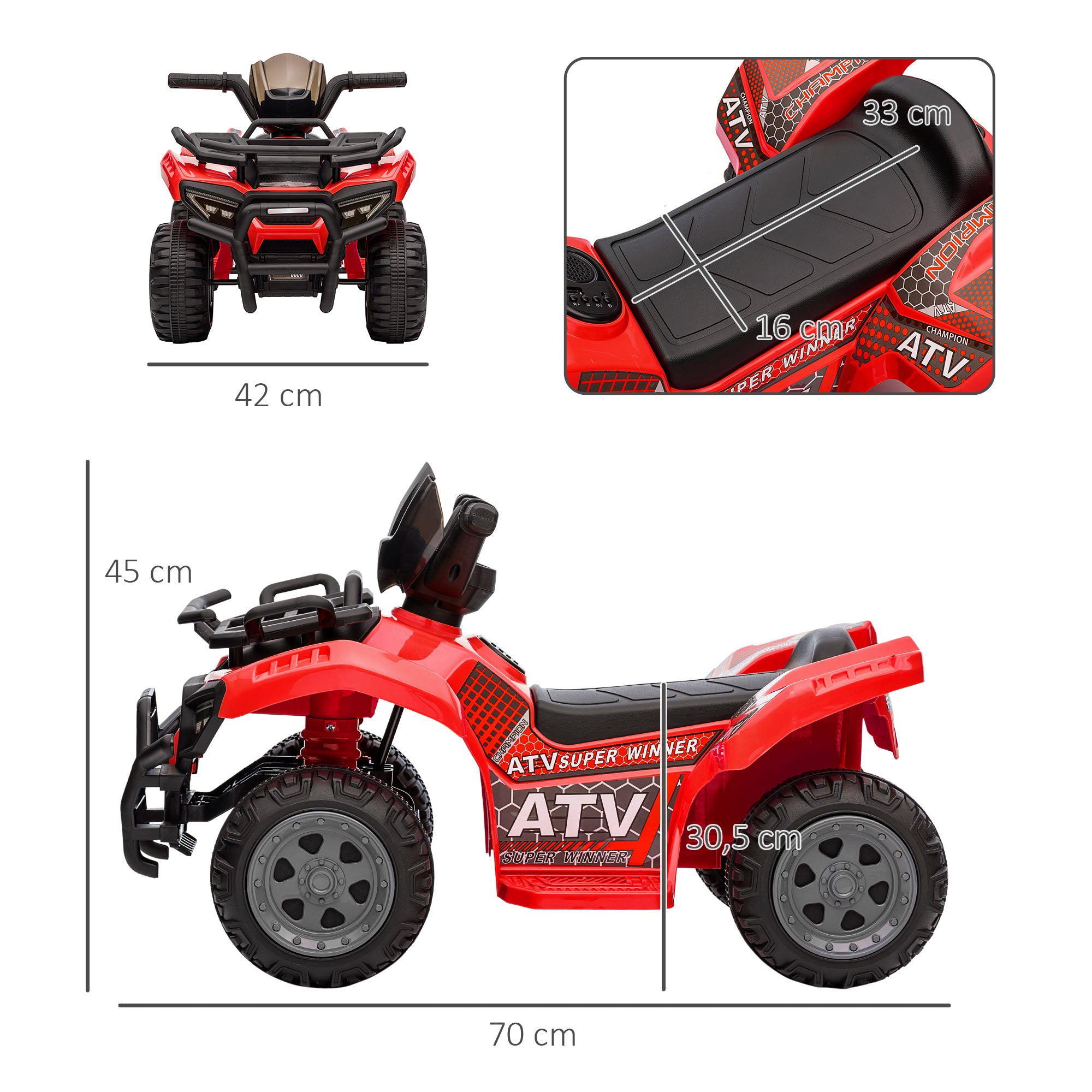 HOMCOM Kinder Quad Elektro 6V Kinderquad mit Vorwärtsfunktion, Musik, Elektro-Quad für Kinder 1,5-3 Jahre Rot