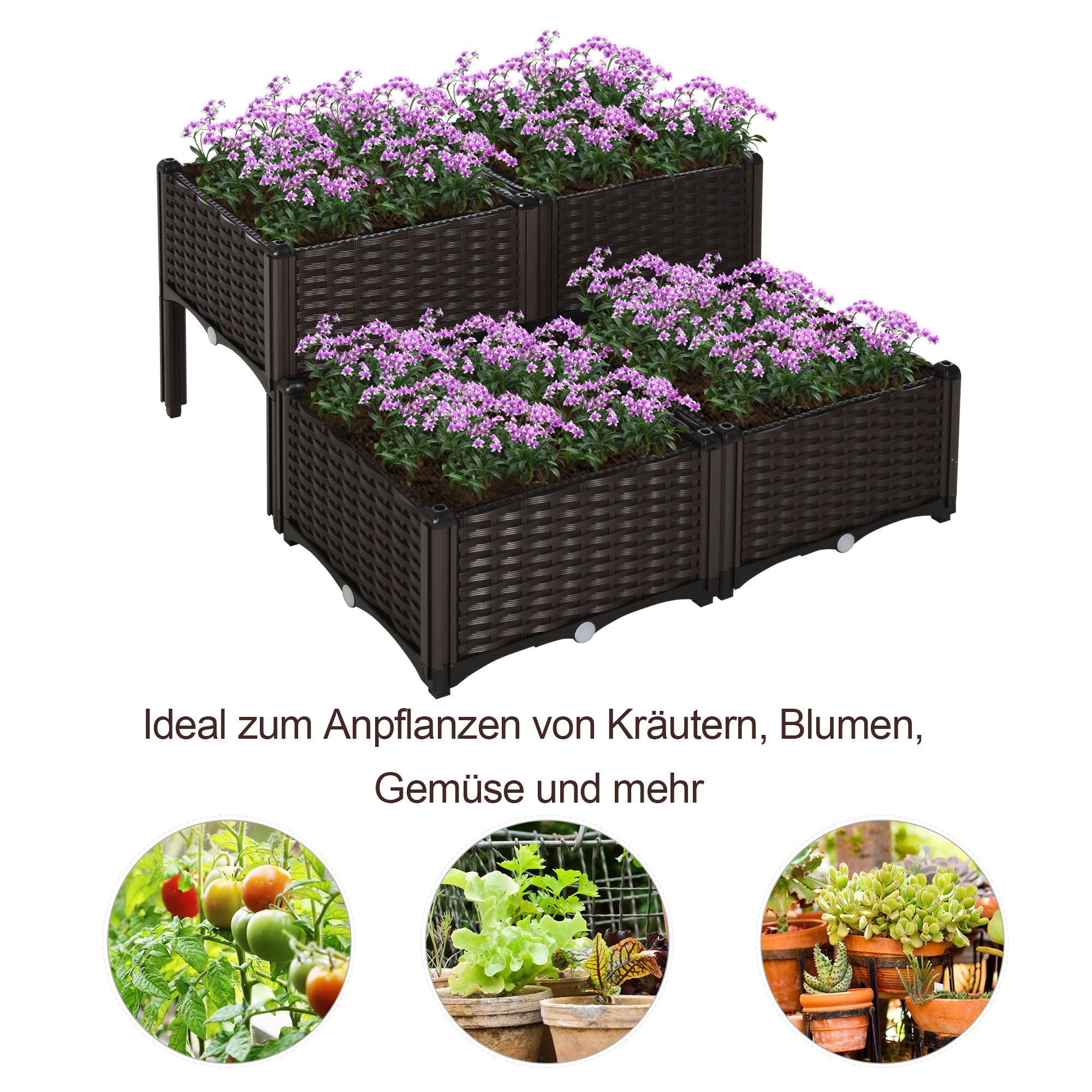 Outsunny Hochbeet, Pflanzkasten mit Abflusslöchern, Blumenkasten im Rattan-Look, Kunststoff, Braun, 40 x 40 x 44 cm