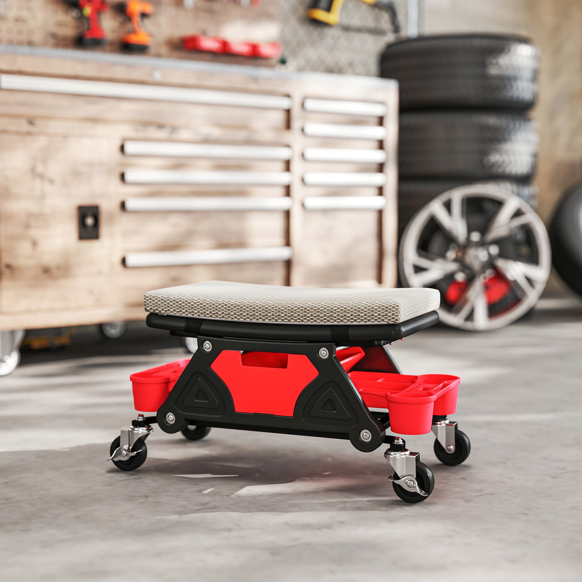 HOMCOM Werkstatthocker mit Rollen Ablagefläche 35cm hoch Rollhocker bis 135 kg belastbar Grau