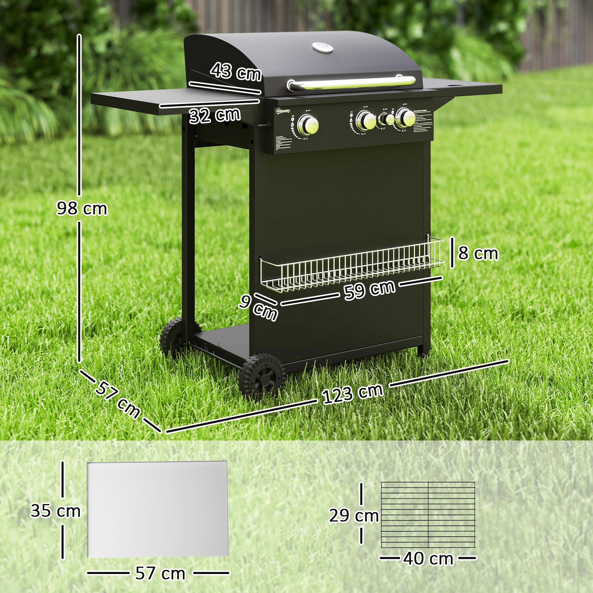 Outsunny Gasgrill 9,5 KW Grillwagen inkl 4 Brenner Seitenkocher Rolle 123 x 57 x 98 cm Schwarz