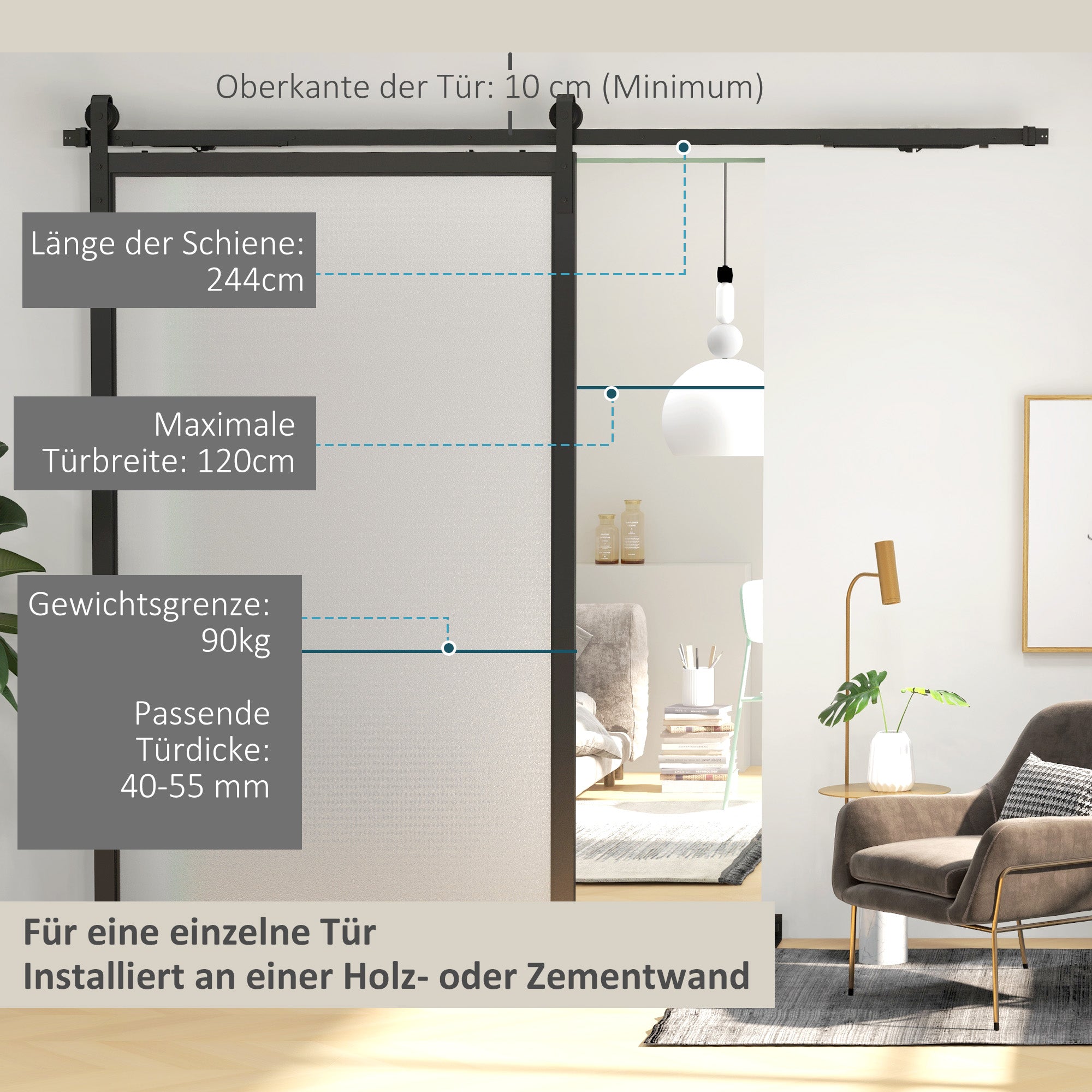 HOMCOM Schiebetür-Bausatz, leise & leichtgängig, für Holz- & Zementwände, 244cm, Stahl, Schwarz