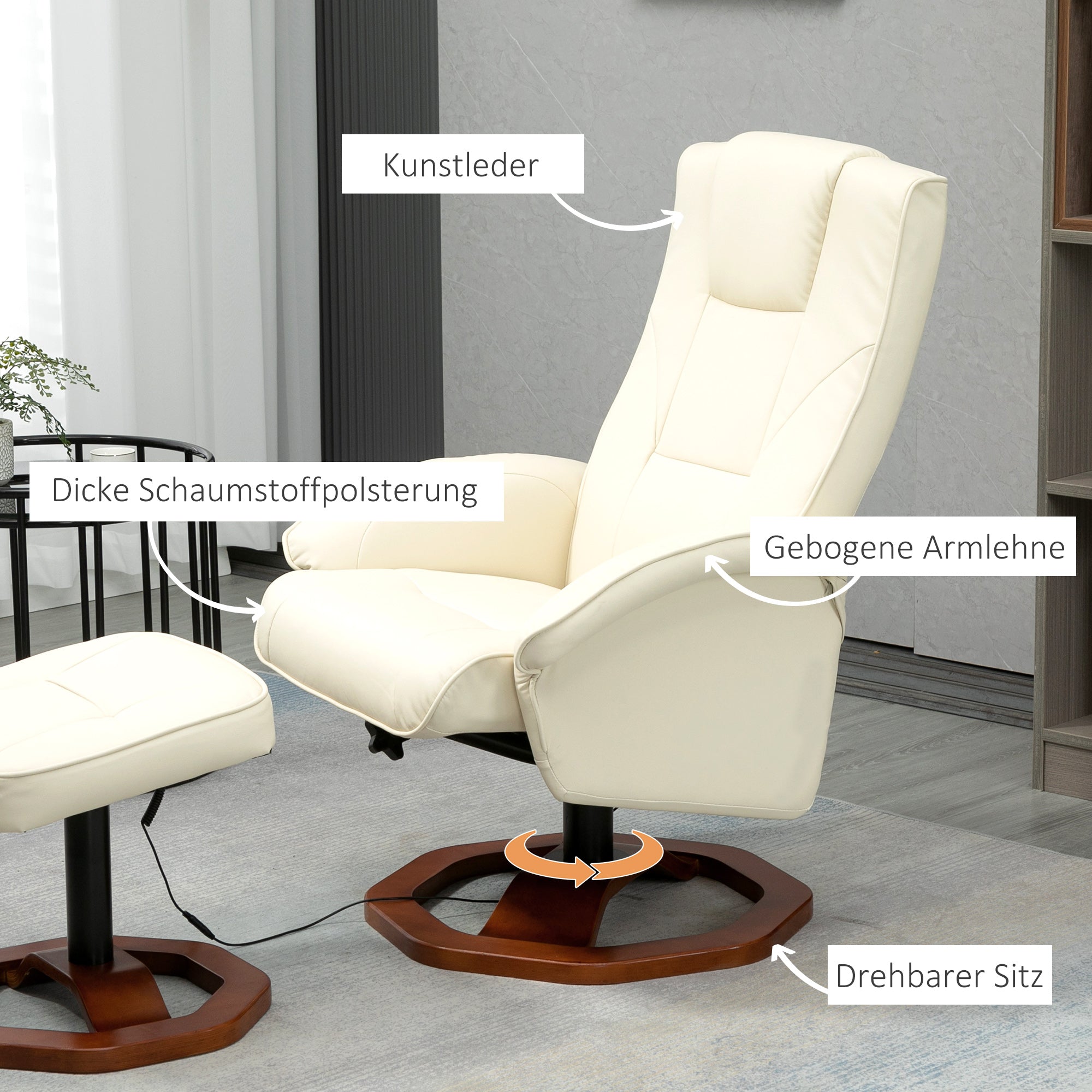 HOMCOM Massagesessel, mit Fußhocker, 10 Massagepunkte, Liegefunktion, drehbarer Sitz, Cremeweiß, 73 x 83 x 106cm