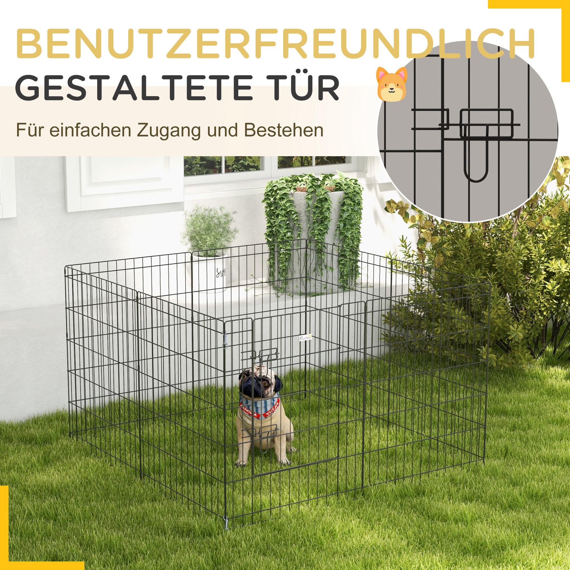 PawHut Haustierlaufstall, Spielgehege für Welpen und kleine Hunde, mit Tür, Indoor- und Outdoor-tauglich, 76 cm, Schwarz