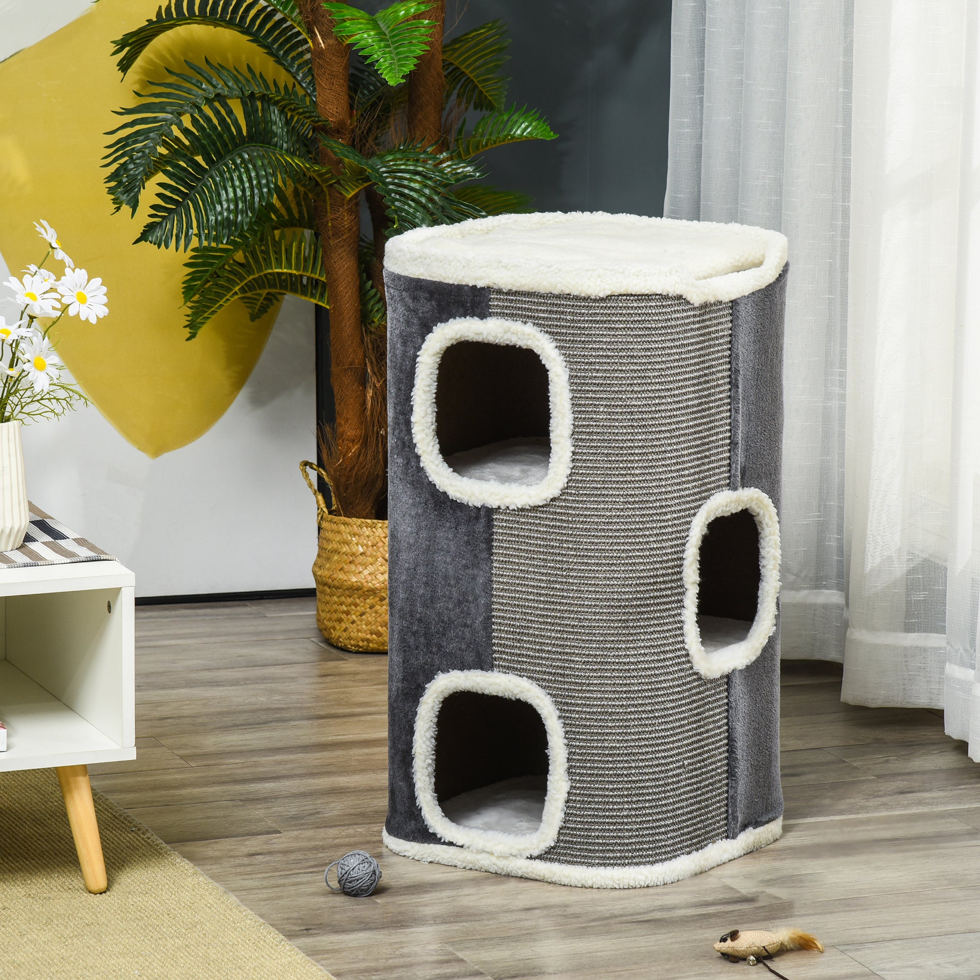 PawHut Kratztonne für Katzen Katzenkratzbaum 3 Ebenen Katzenbaum Kletterbaum für Katzen Katzenmöbel Spanplatte samtartiges Polyester Sisal Grau+Weiß 40 x 40 x 74 cm