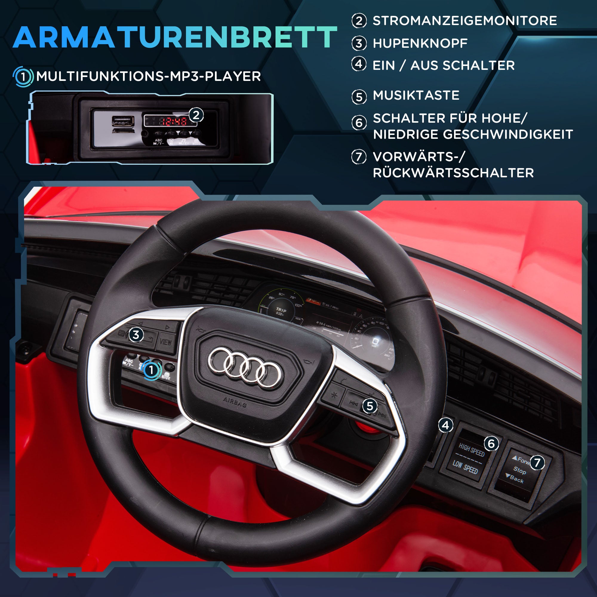 HOMCOM Kinder-Elektroauto, bis 5 km/h, mit Sicherheitsgurt, Fernbedienung, Scheinwerfern, Musikfunktion, rot