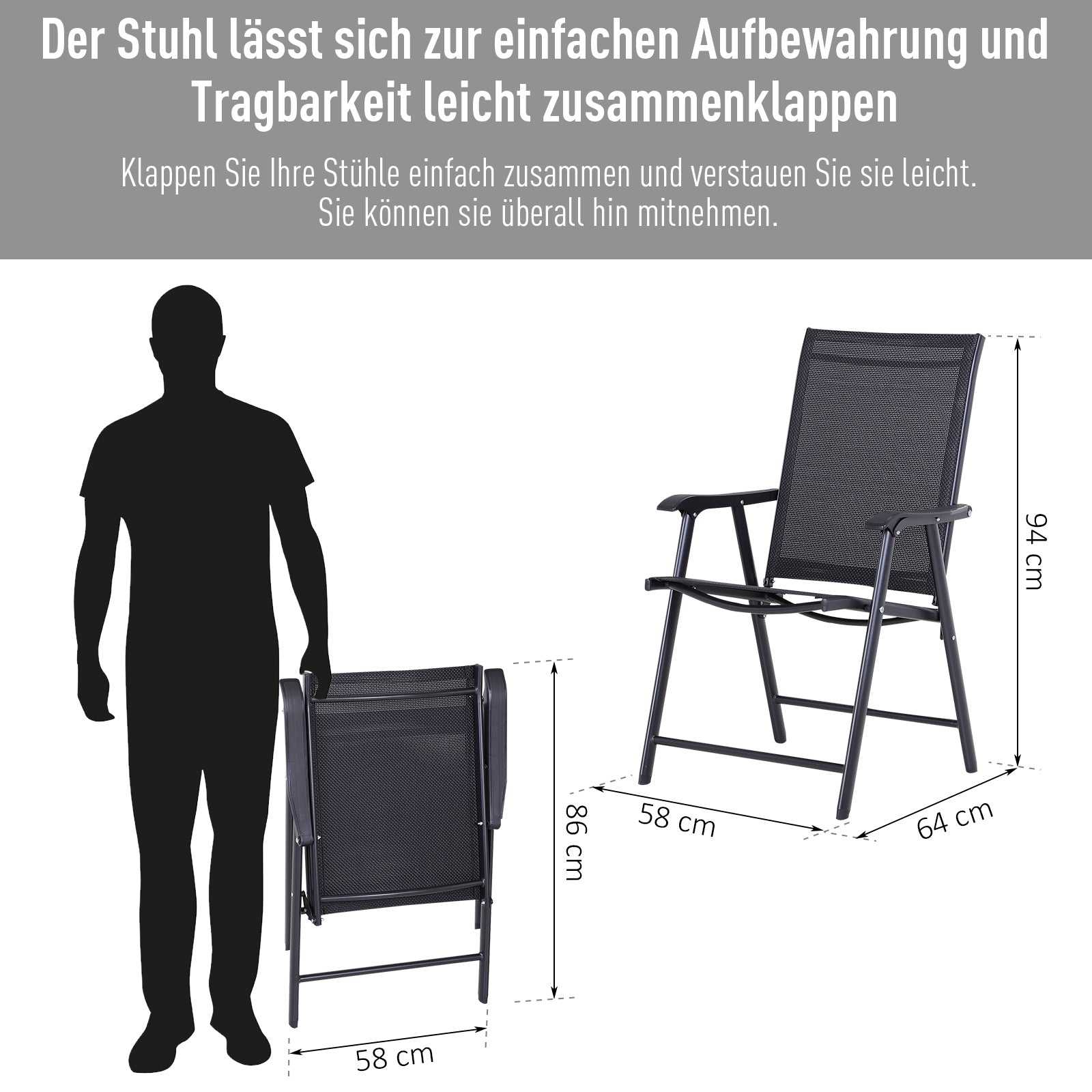 Outsunny Klappstuhl mit Armlehne 2er Set Campingstuhl Angelstuhl Metall Schwarz 58 x 64 x 94 cm
