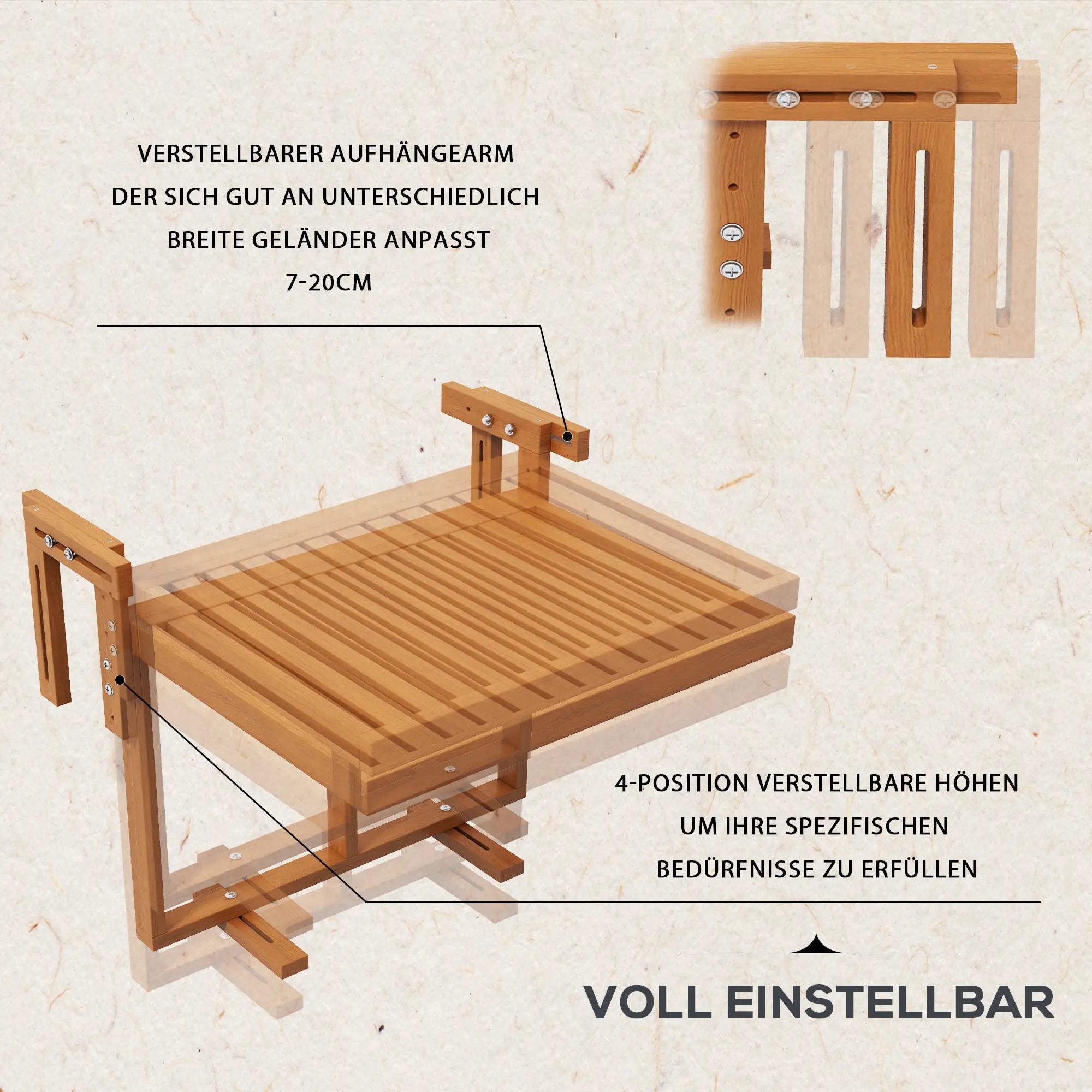 Klappbarer Balkontisch zum Einhängen, höhenverstellbar