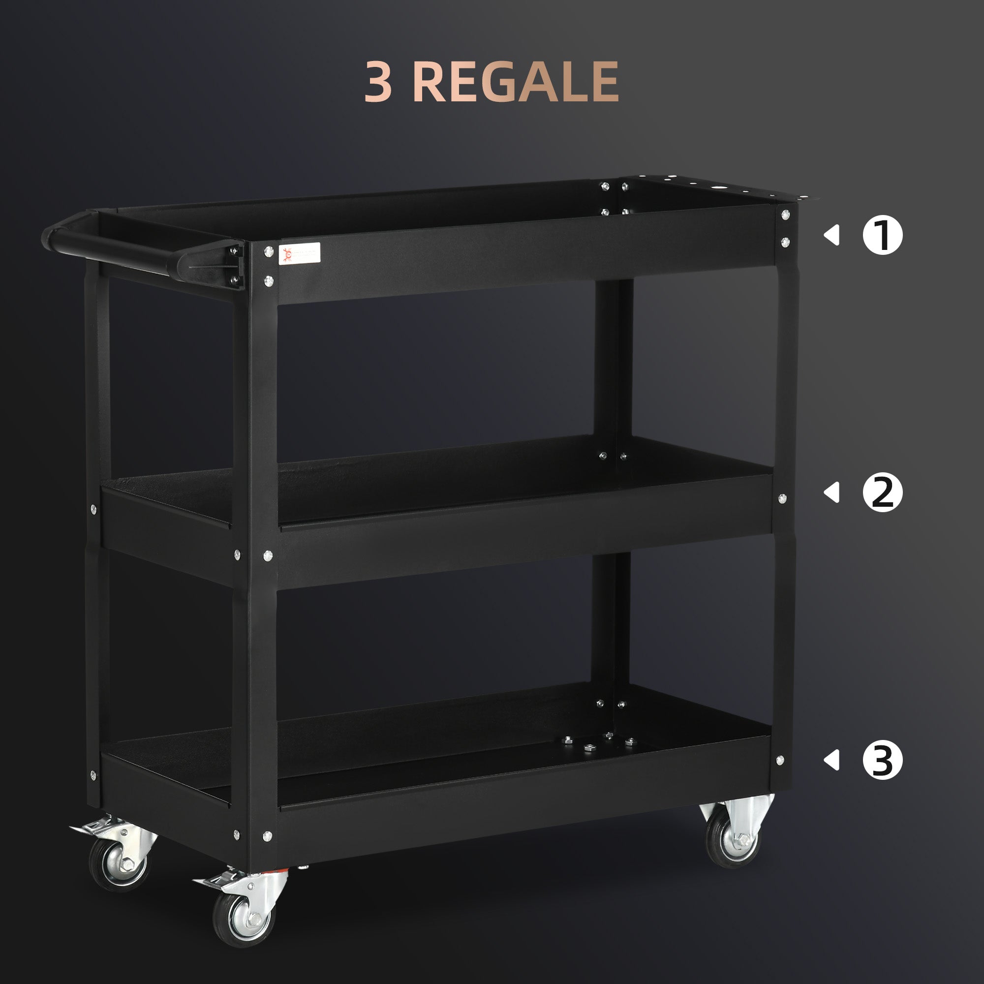 DURHAND 3-stufiger Werkzeugwagen, 4 Rollen, Stahl, 83B x 35,3T x 76H cm, Schwarz