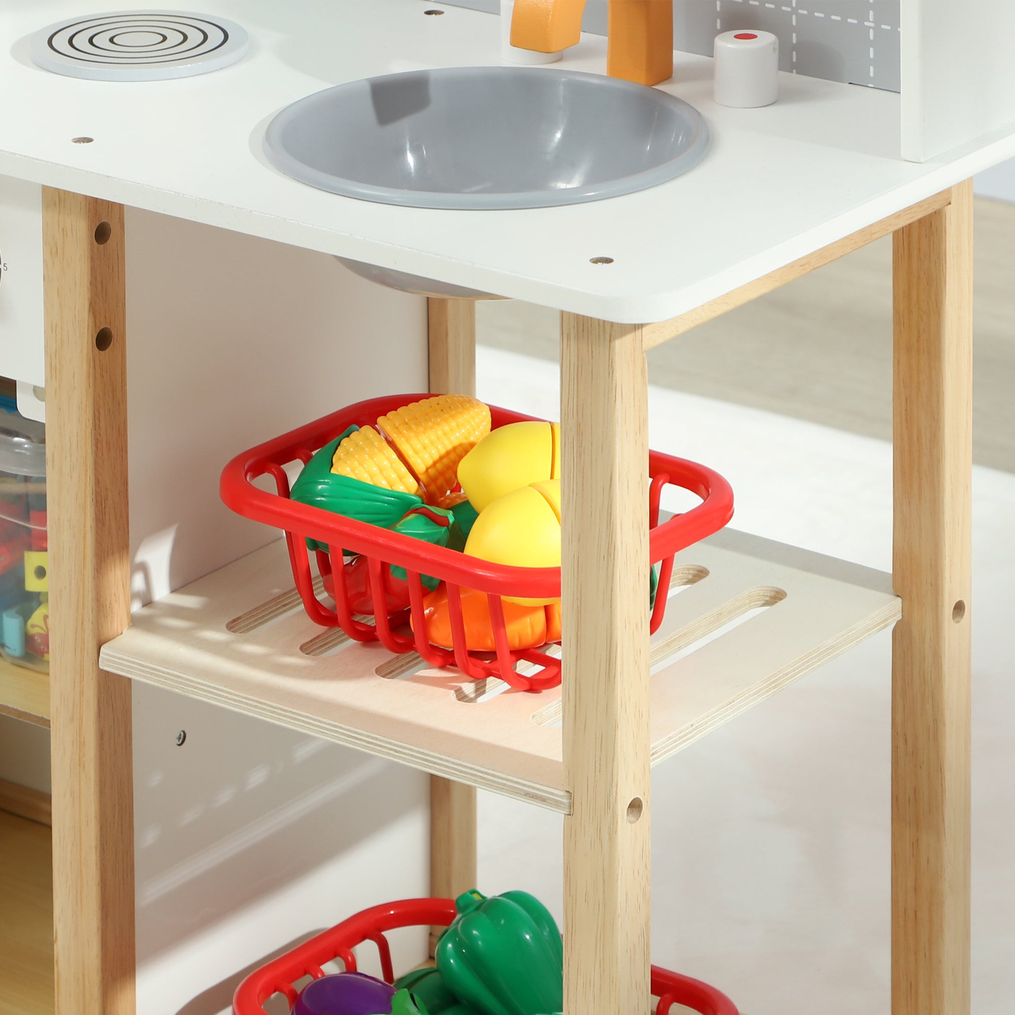AIYAPLAY Spielküche mit Zubehör, Herd & Ofen, Spüle, Uhr, Ablagen, für 3-6 Jahre, Grau