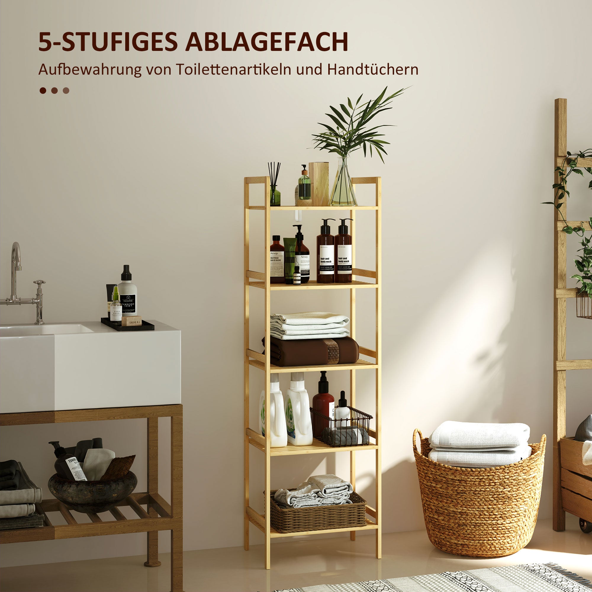 HOMCOM Bambus-Badezimmerregal mit 5 Ebenen, Aufbewahrungsregal mit verstellbaren Regalböden, 43,5 x 31,5 x 142 cm, Naturholz