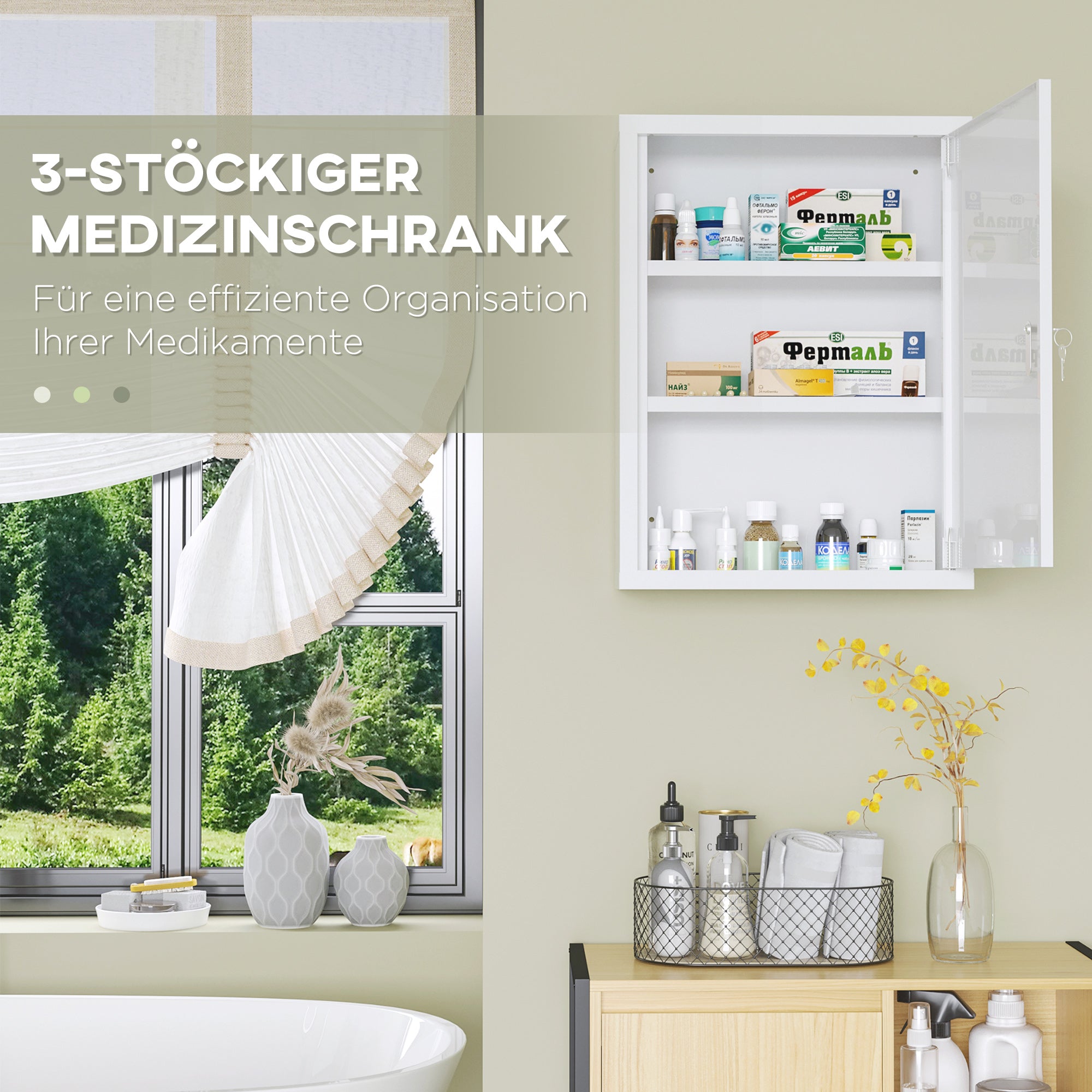 kleankin Medizinschrank, 3 Fächer, abschließbare Tür, stabiles Stahlgehäuse, weiß, 40 x 15 x 53,5 cm