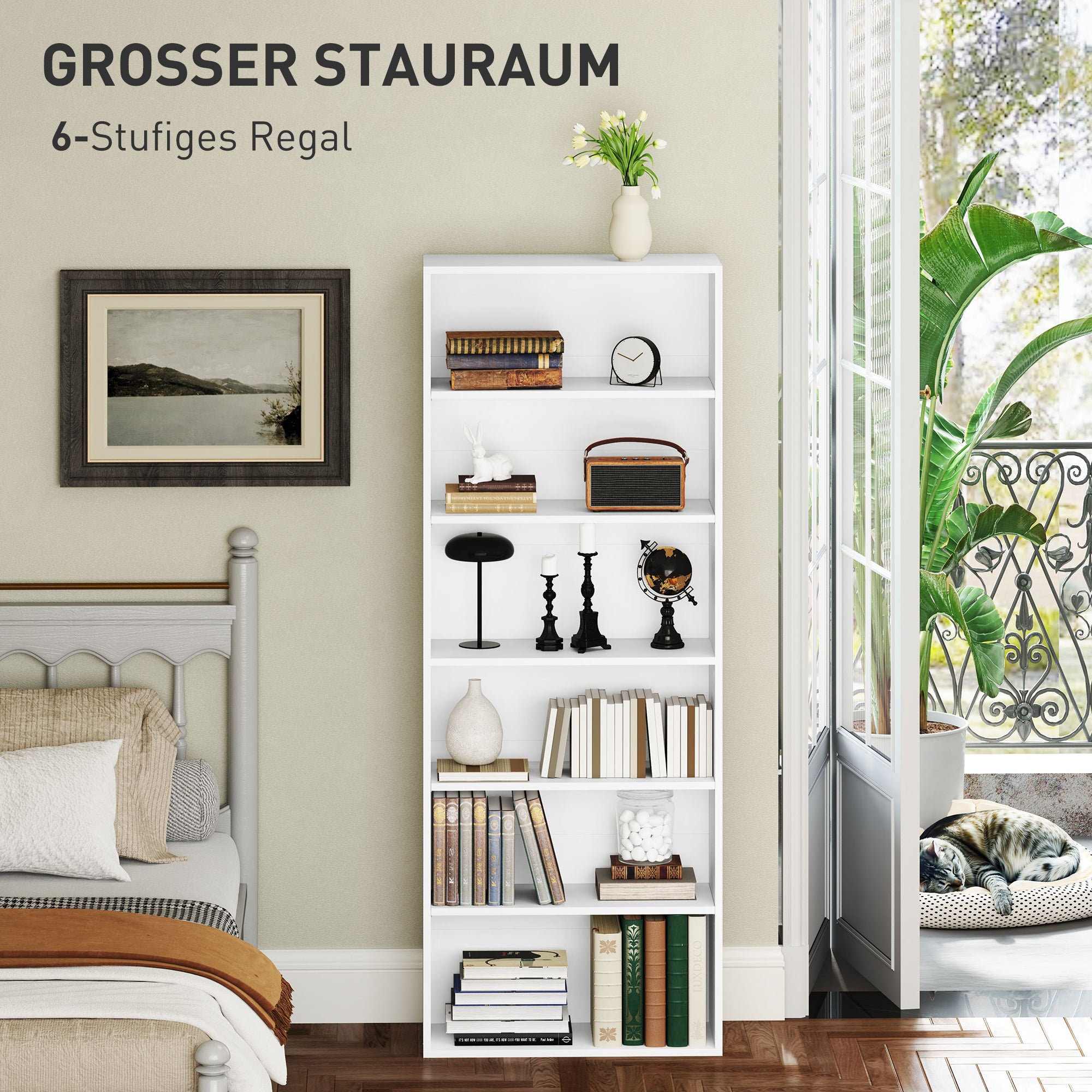 HOMCOM Bücherregal, 6 Fächer, verstellbare Regale, Spanplatte, 60 x 24 x 158,5 cm, Weiß