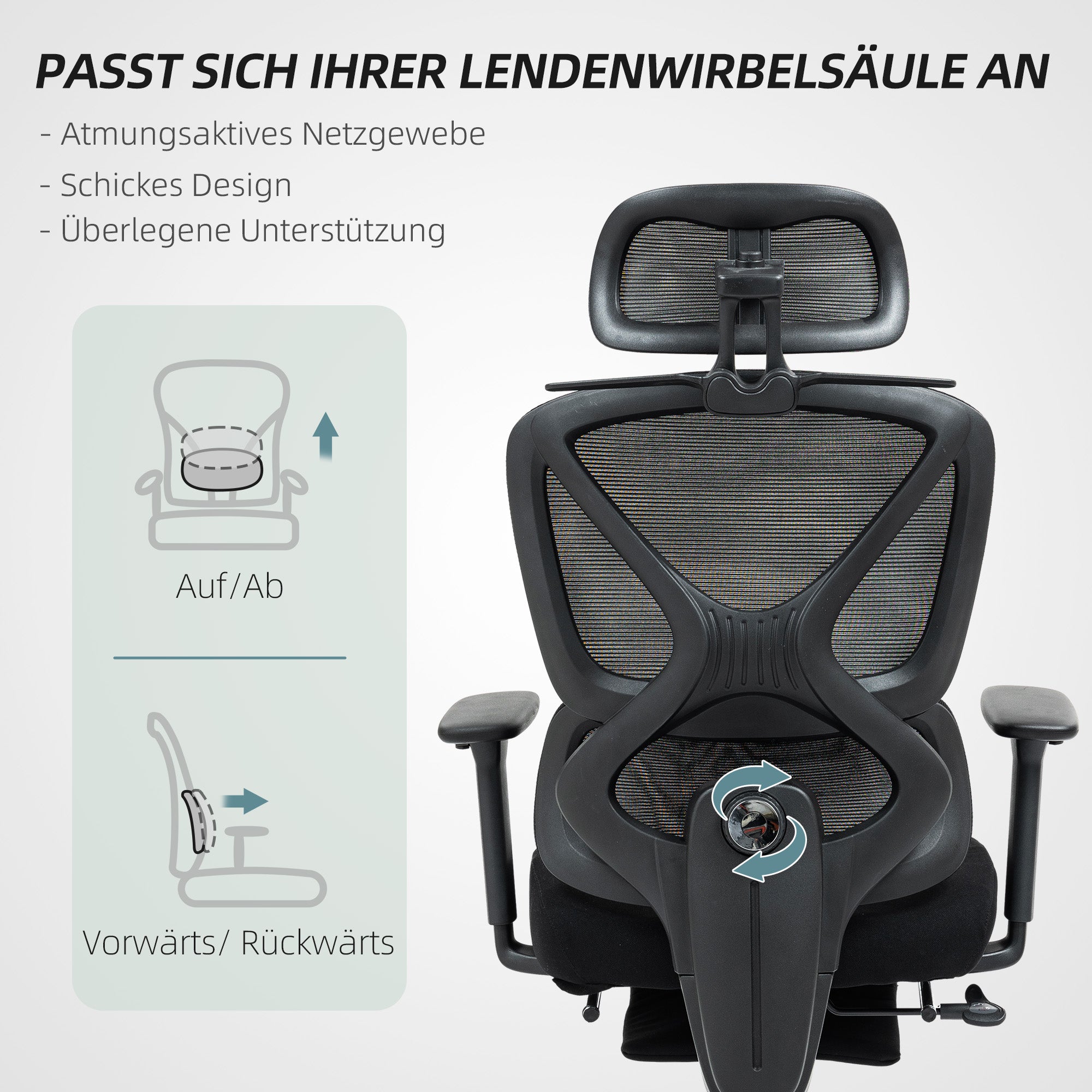HOMCOM Bürostuhl, Ergonomischer Schreibtischstuhl, 135 Grad neigbar, verstellbar, Schwarz