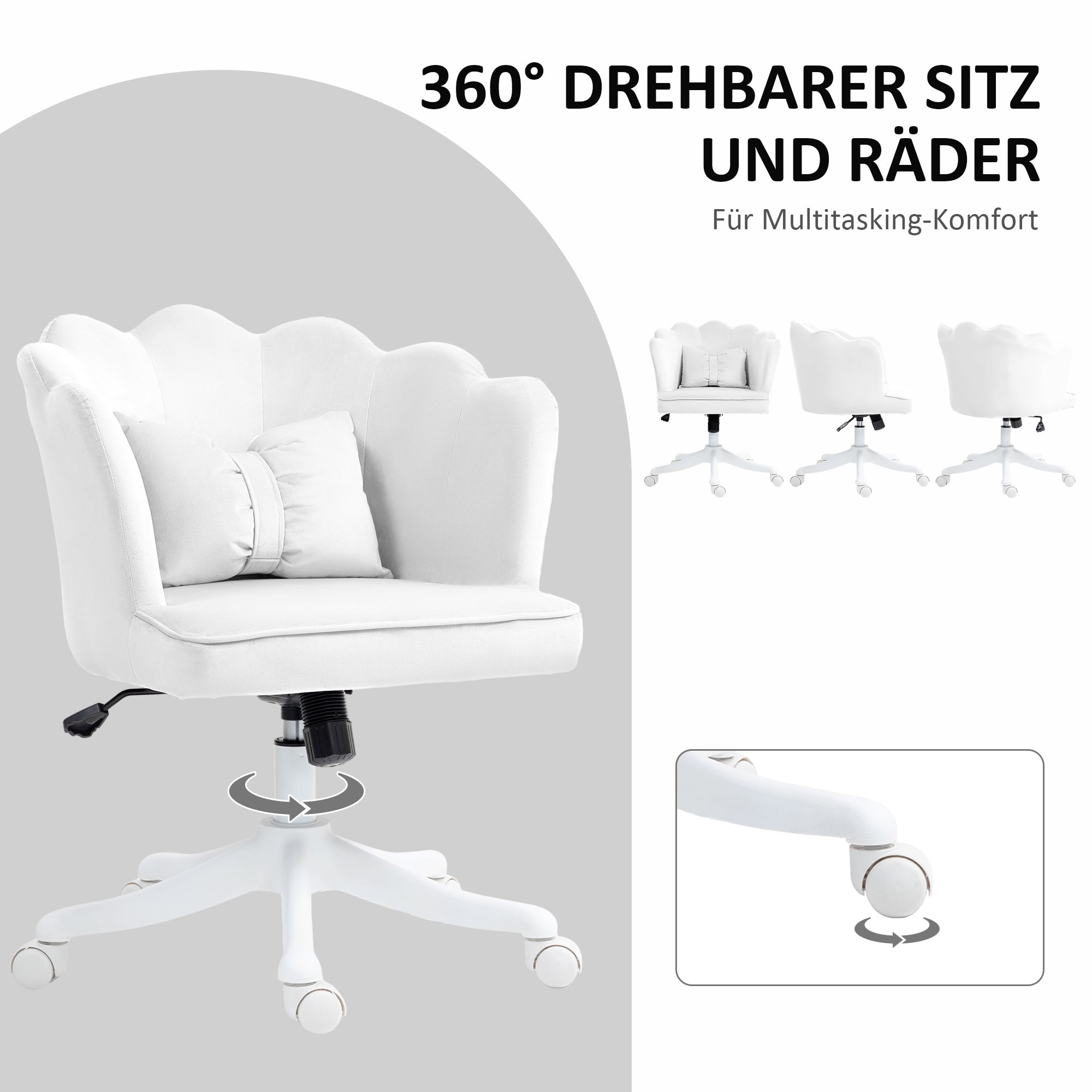 HOMCOM Bürostuhl mit Blütenblatt-Design, Schleifenkissen, weich gepolstert, Weiß