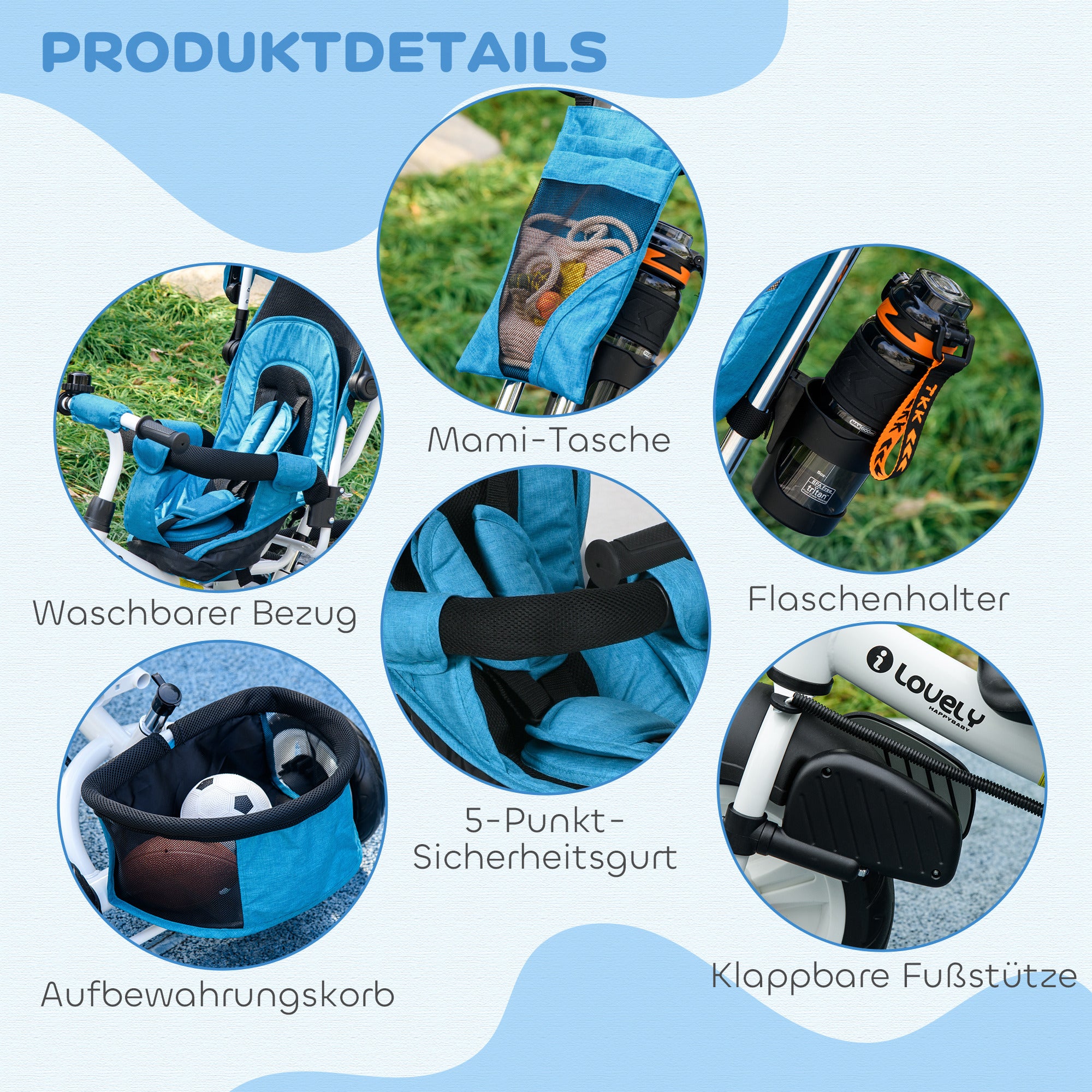 HOMCOM Kinder-Dreirad, Kinderfahrrad, Rückenkorb, Becherhalter, Sonnendach, Metall, Blau