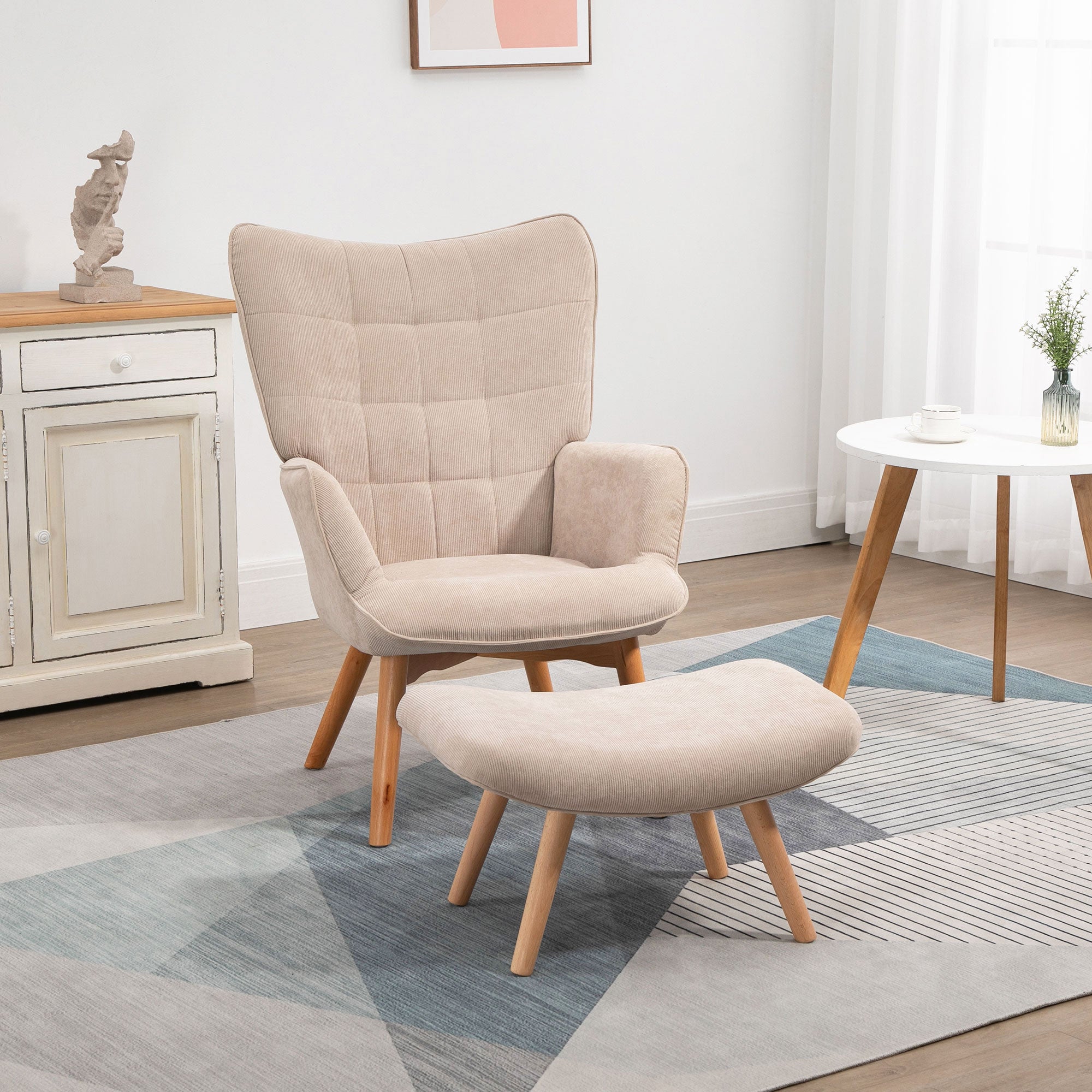 HOMCOM Akzentsessel mit Hocker, Relaxsessel in Cord-Optik, Armlehnstuhl mit Holzbeinen, für Wohnzimmer, Beige