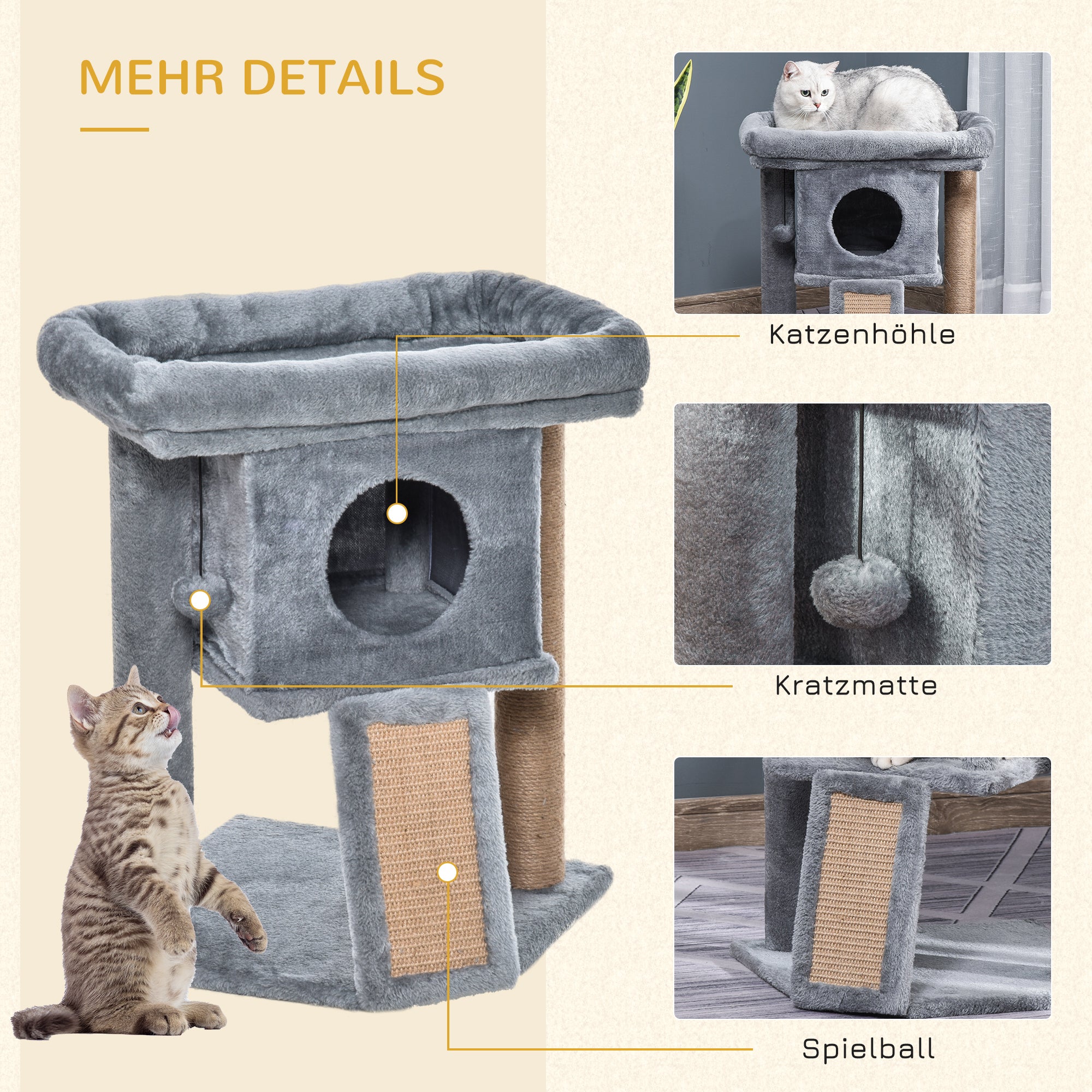 PawHut Kratzbaum 57 cm Kleiner Katzenbaum mit Katzenhöhle, Liegeplattform, Katzenkratzbaum mit Kratzbrett, Spielball, Katzenmöbel für Katzen bis 5 kg Hellgrau