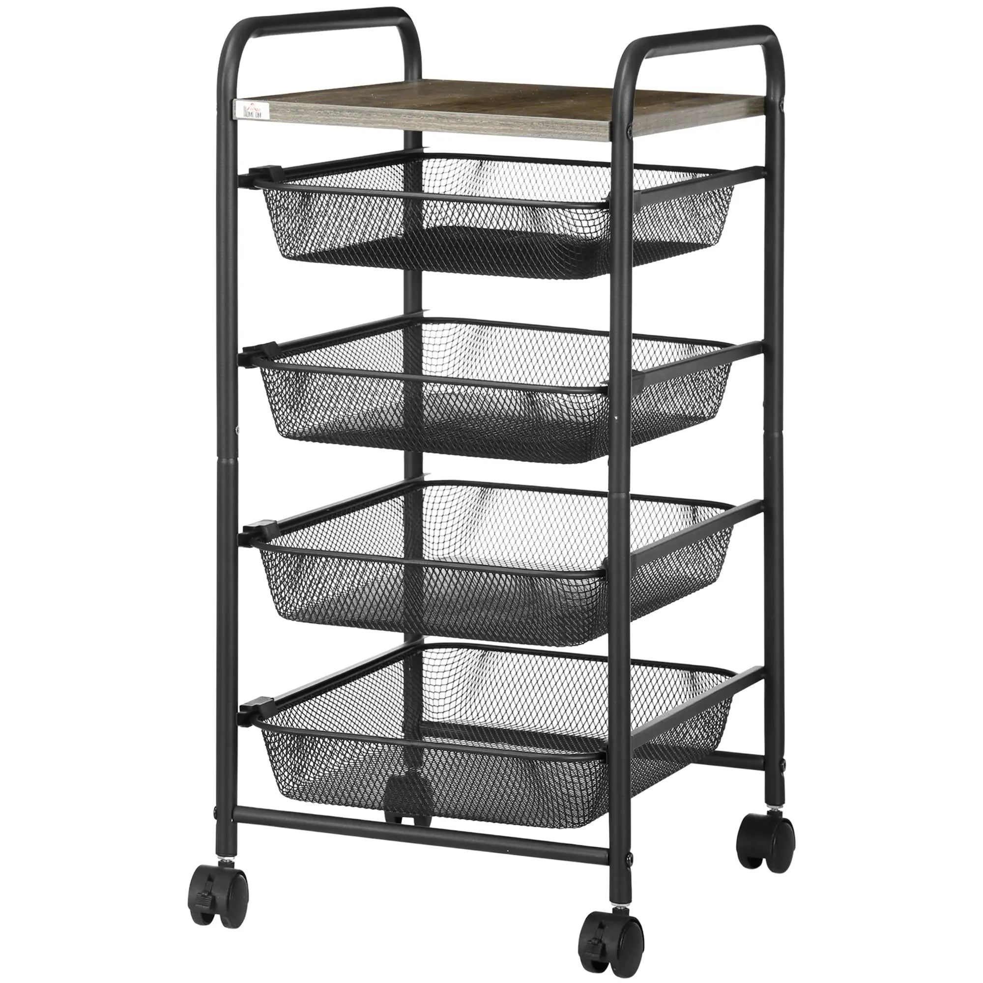 HOMCOM Rollwagen mit 4 Körben, Küchenwagen, 4 Räder mit 2 Bremsen, Allzweckwagen, Schwarz, 41,5 x 31 x 66 cm