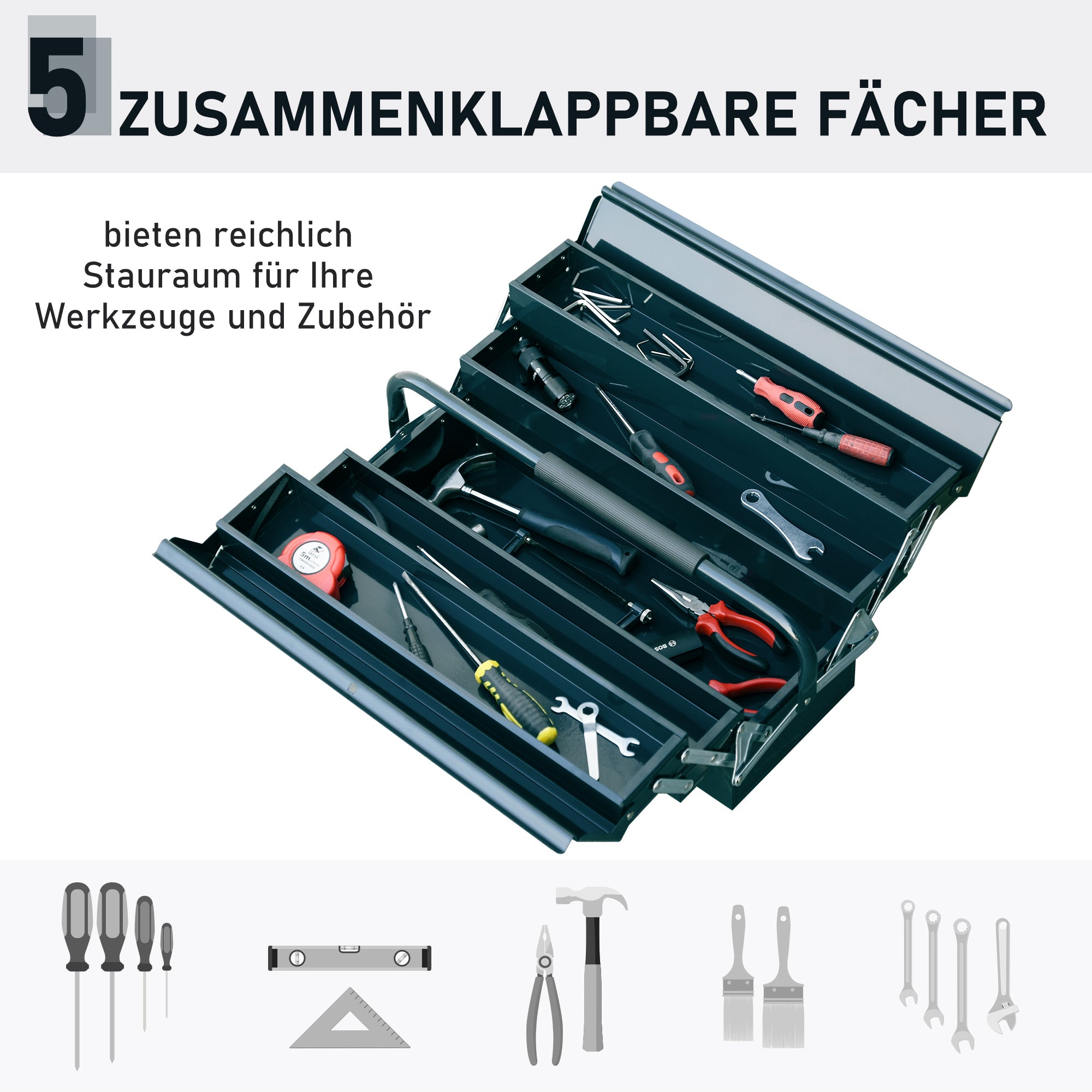 DURHAND Werkzeugkasten Werkzeugkoffer Montage Werkzeugkiste leer platzsparend mit 5 Fächer aufklappbar stabil Stahl (SPCC) Dunkelgrün 45 x 20 x 34,5 cm