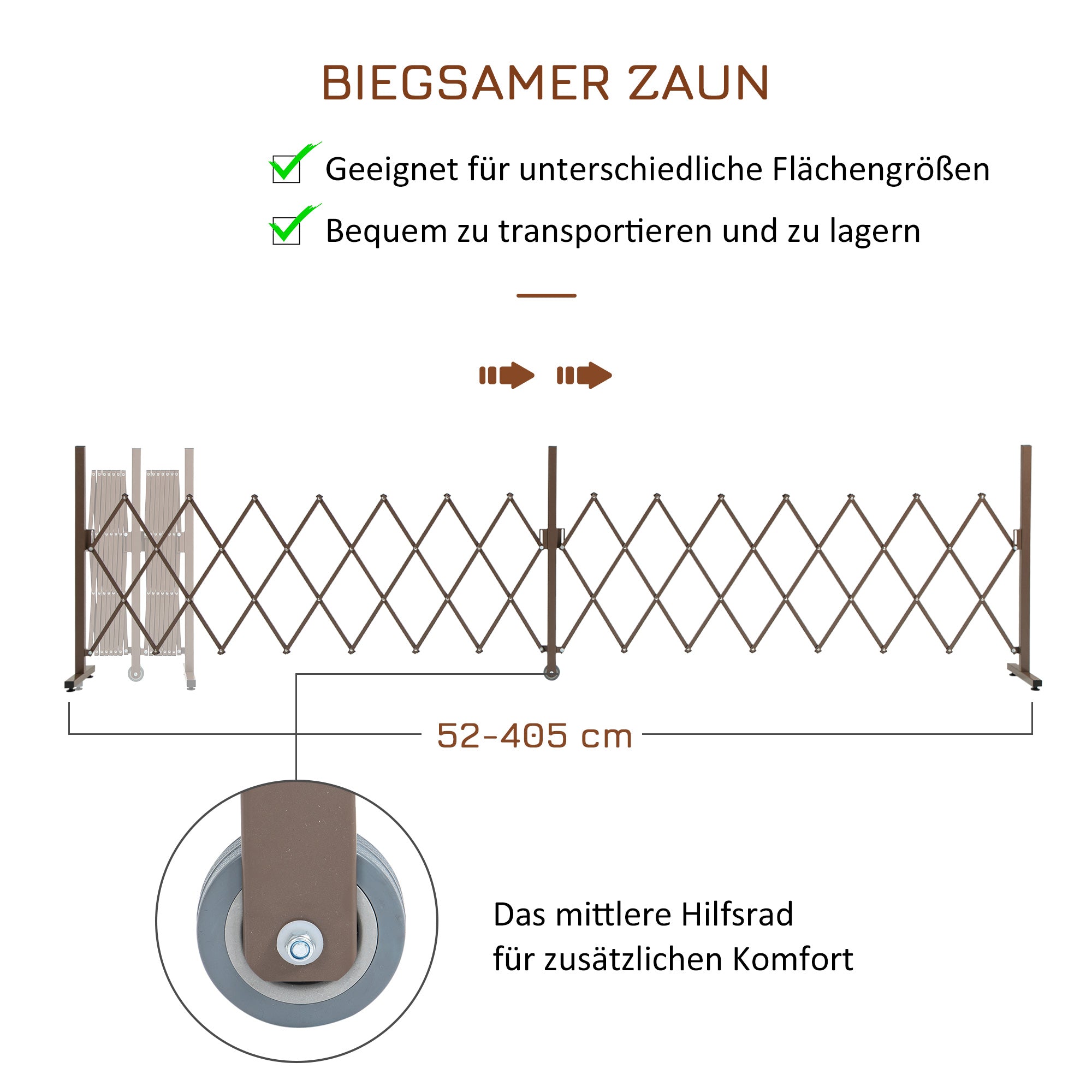 Outsunny Scherengitter Absperrgitter Scherensperre ausziehbar 52-405cm Garten Alu Braun H103,5cm