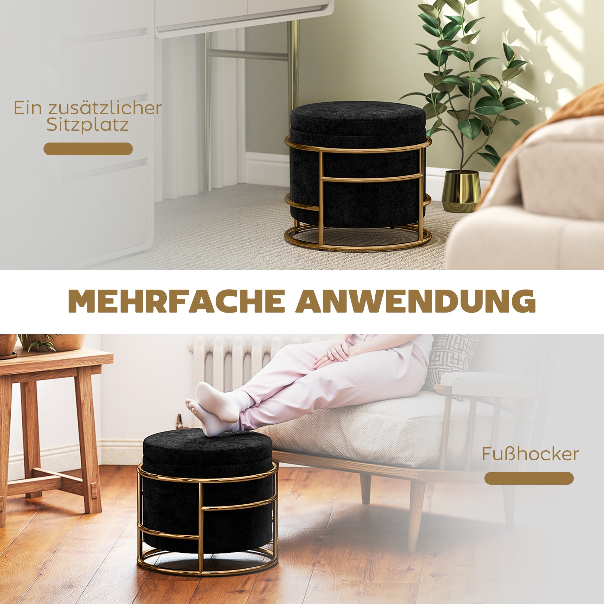 HOMCOM Sitzhocker mit Stauraum, gepolsterter Fußhocker, Metallrahmen, vergoldet, Schwarz