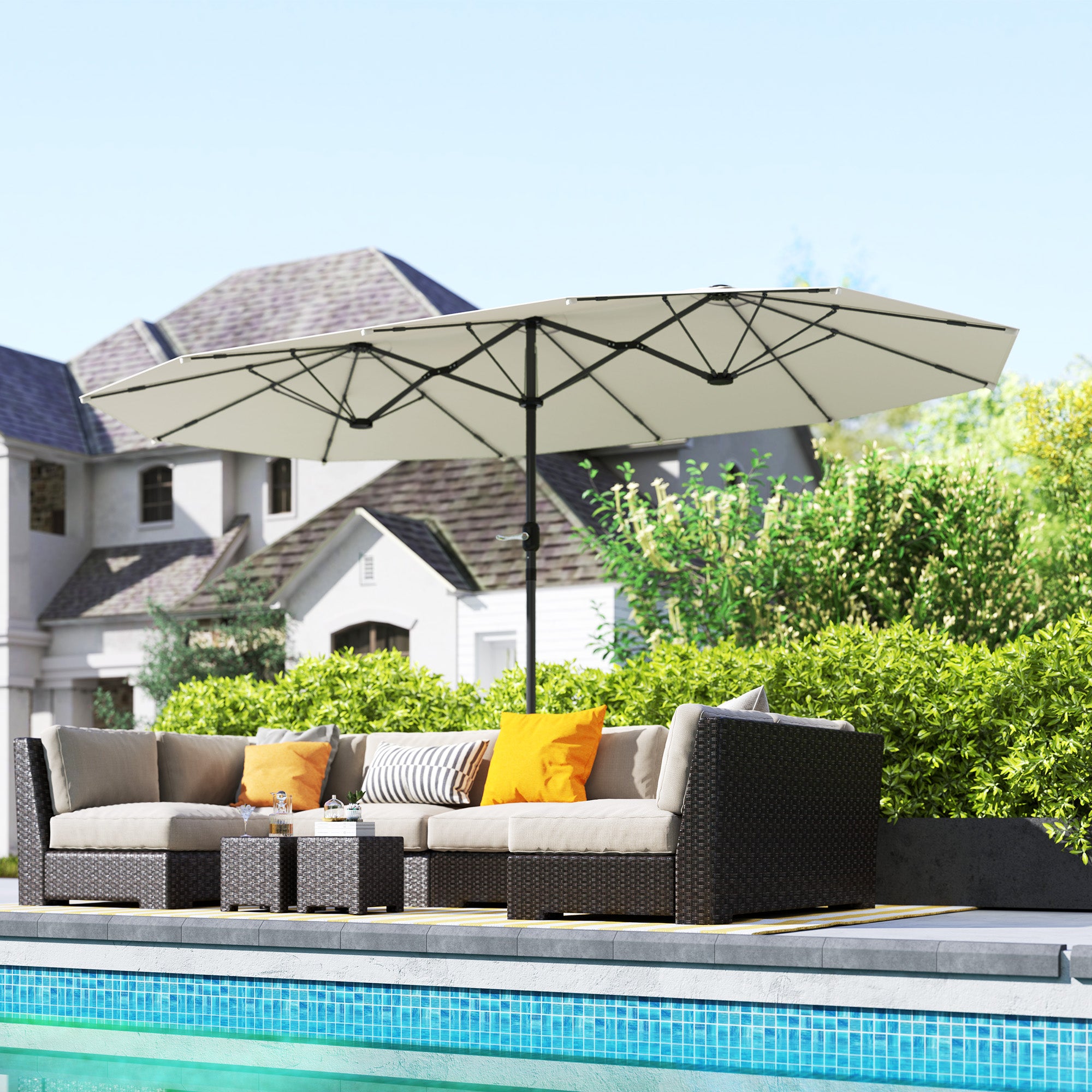 Outsunny Doppelsonnenschirm 436 x 260 cm, UV Schutz Stahl Sonnenschirm mit Handkurbel, oval Beige
