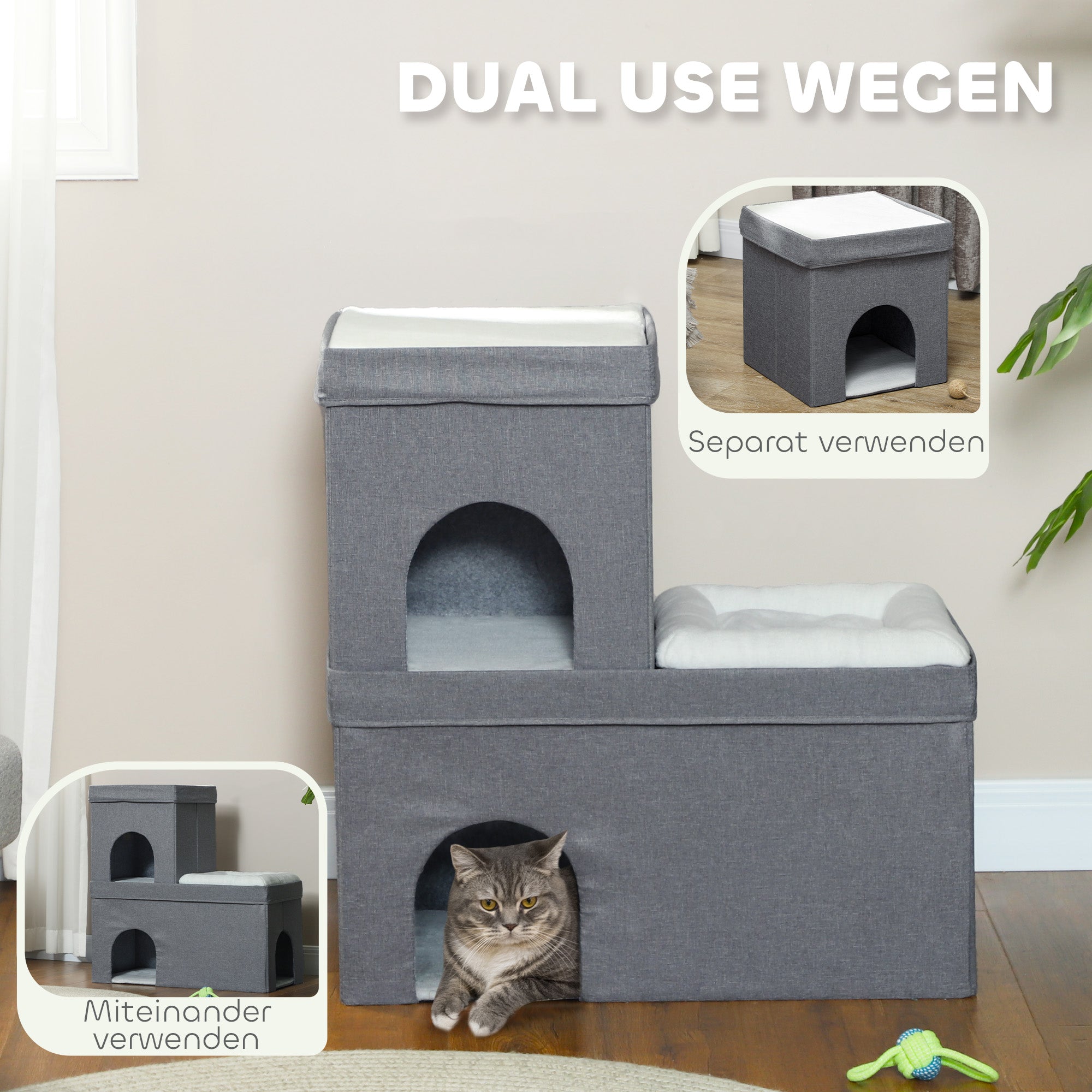 PawHut Katzenhaus mit 2 Katzenhöhlen, einfache Montage, Plüsch, 74 x 37,5 x 78,5 cm, Grau/Cremeweiß