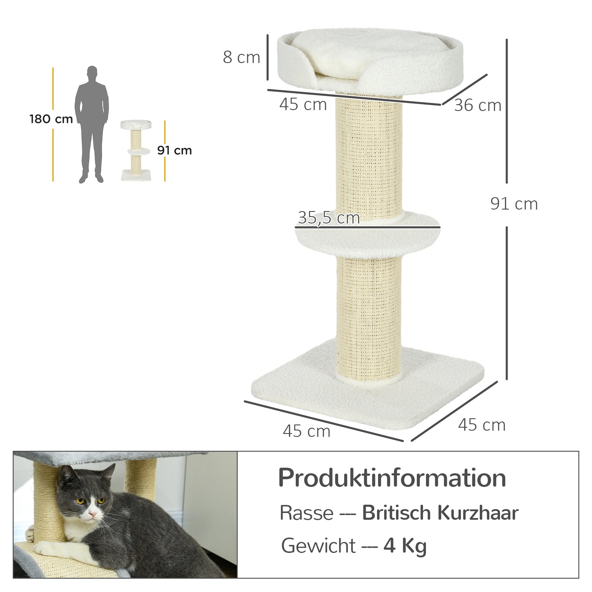 PawHut Katzenbaum  91cm Spielbaum mit Katzenbett, Plattform Lammwolle Creme