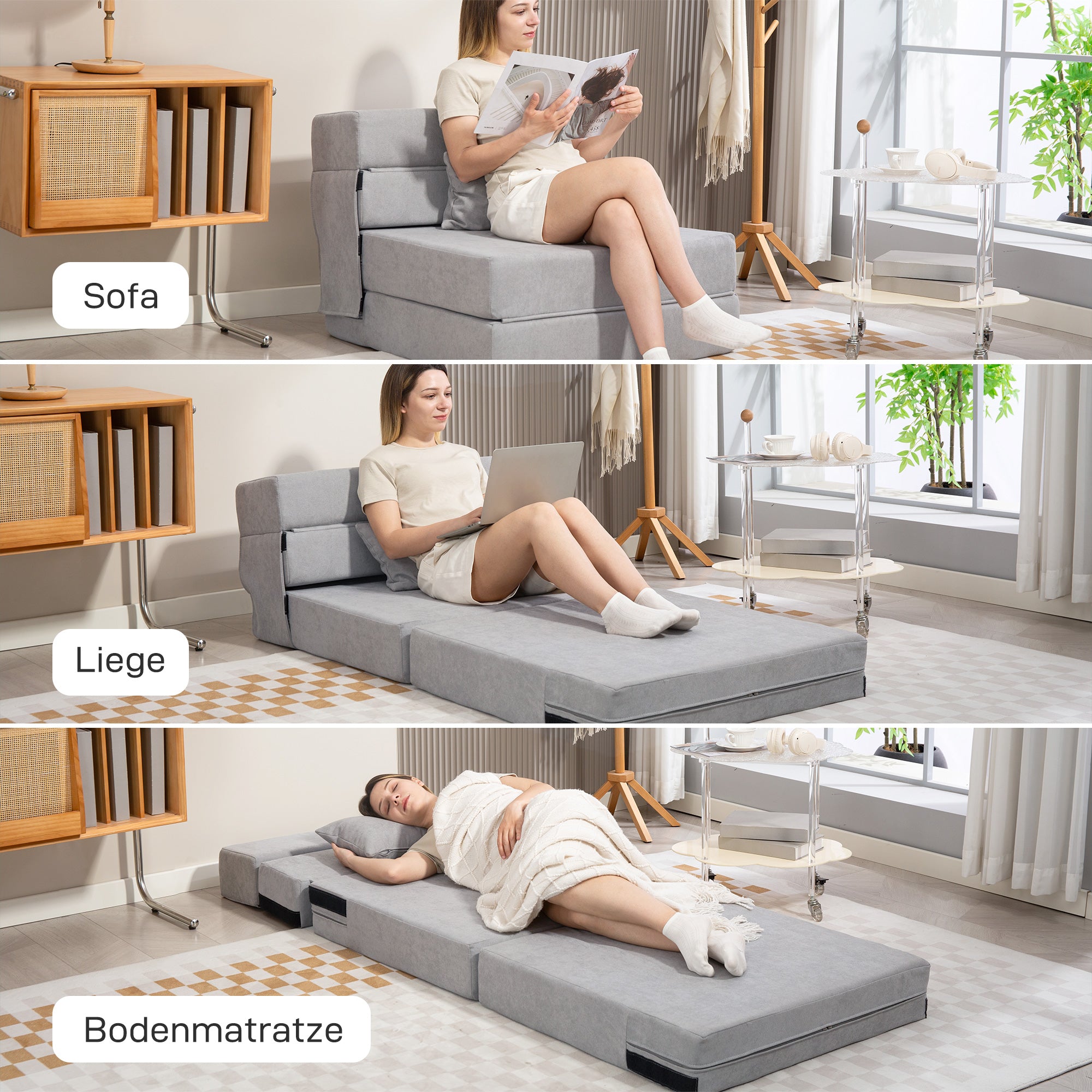 HOMCOM Bodensofa, Polstercouch, in Matratze umwandelbar, Schaumstoff, Kissen, Hellgrau