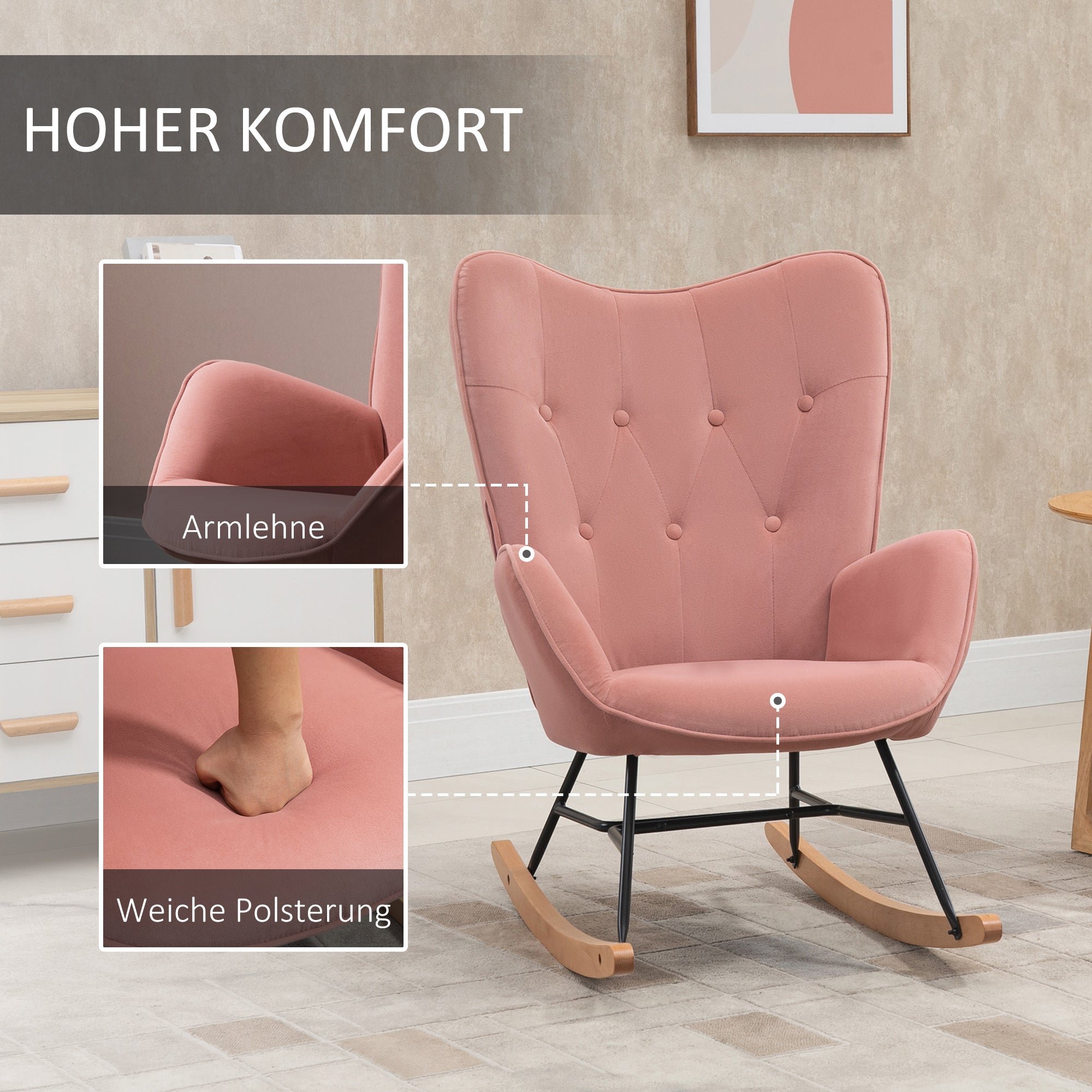 HOMCOM Schaukelstuhl mit Steppung, Holzkufen, Samtoptik, bis 150 kg, Rosa