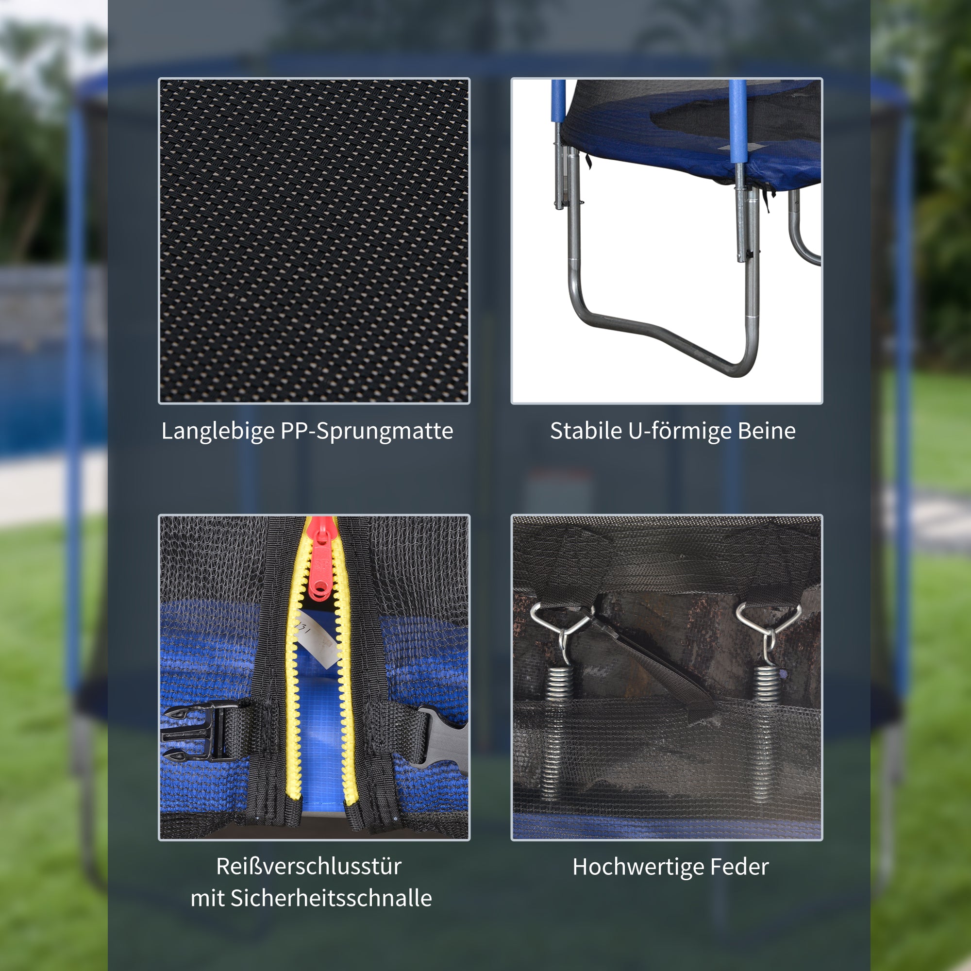 HOMCOM Trampolin mit Sicherheitsnetz Gartentrampolin für Innen- und Außenbereich Fitnesstrampolin für Kinder und Erwachsene Stahl Blau+Schwarz bis 113,6 kg Ø244 x 240H cm
