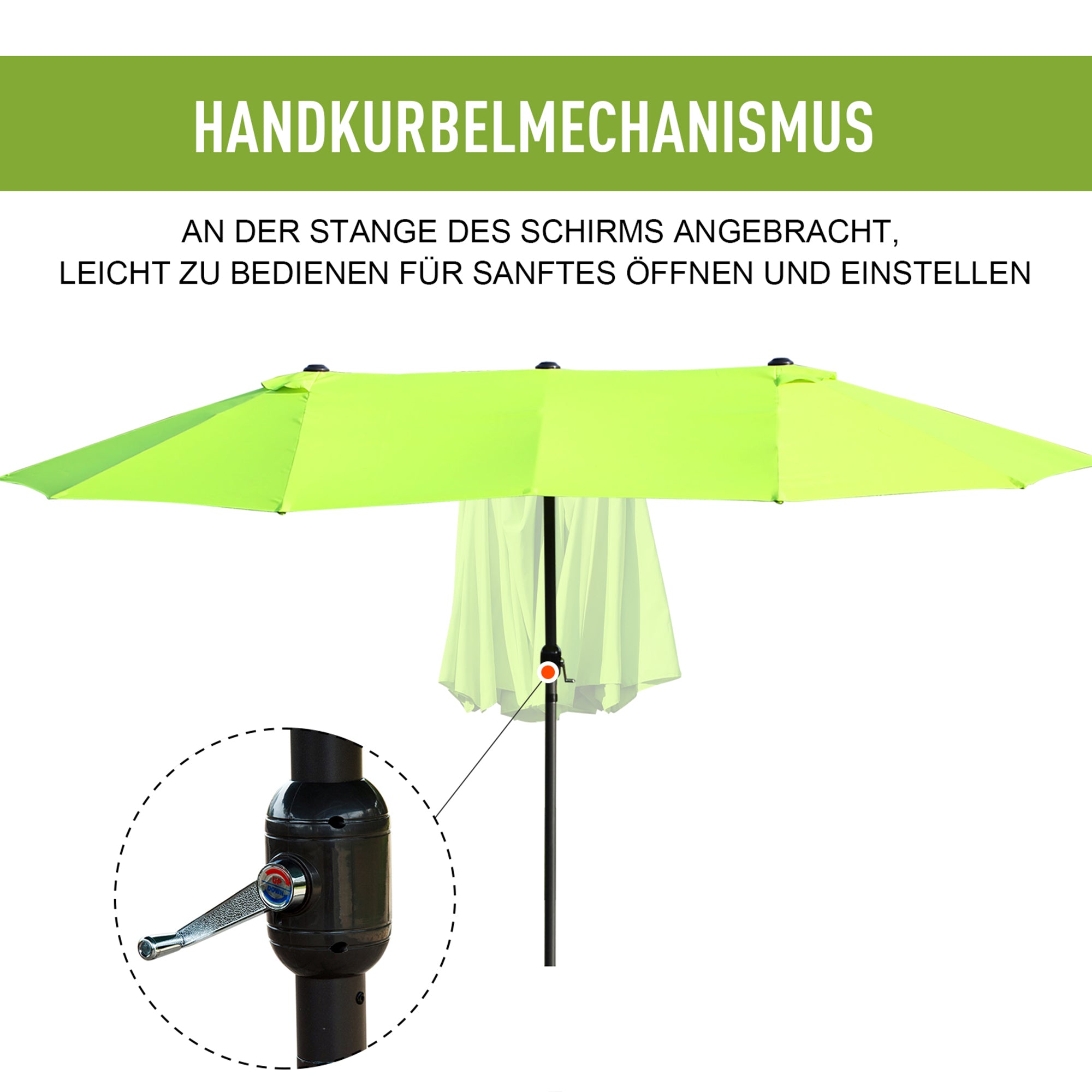 Outsunny Doppelsonnenschirm 455 x 270 cm Gartenschirm mit Handkurbel oval stabil Metallstange Marktschirm Doppelsonnenschirm Terrassenschirm Sonnenschutz für Strand Balkon Terrasse Garten Grün