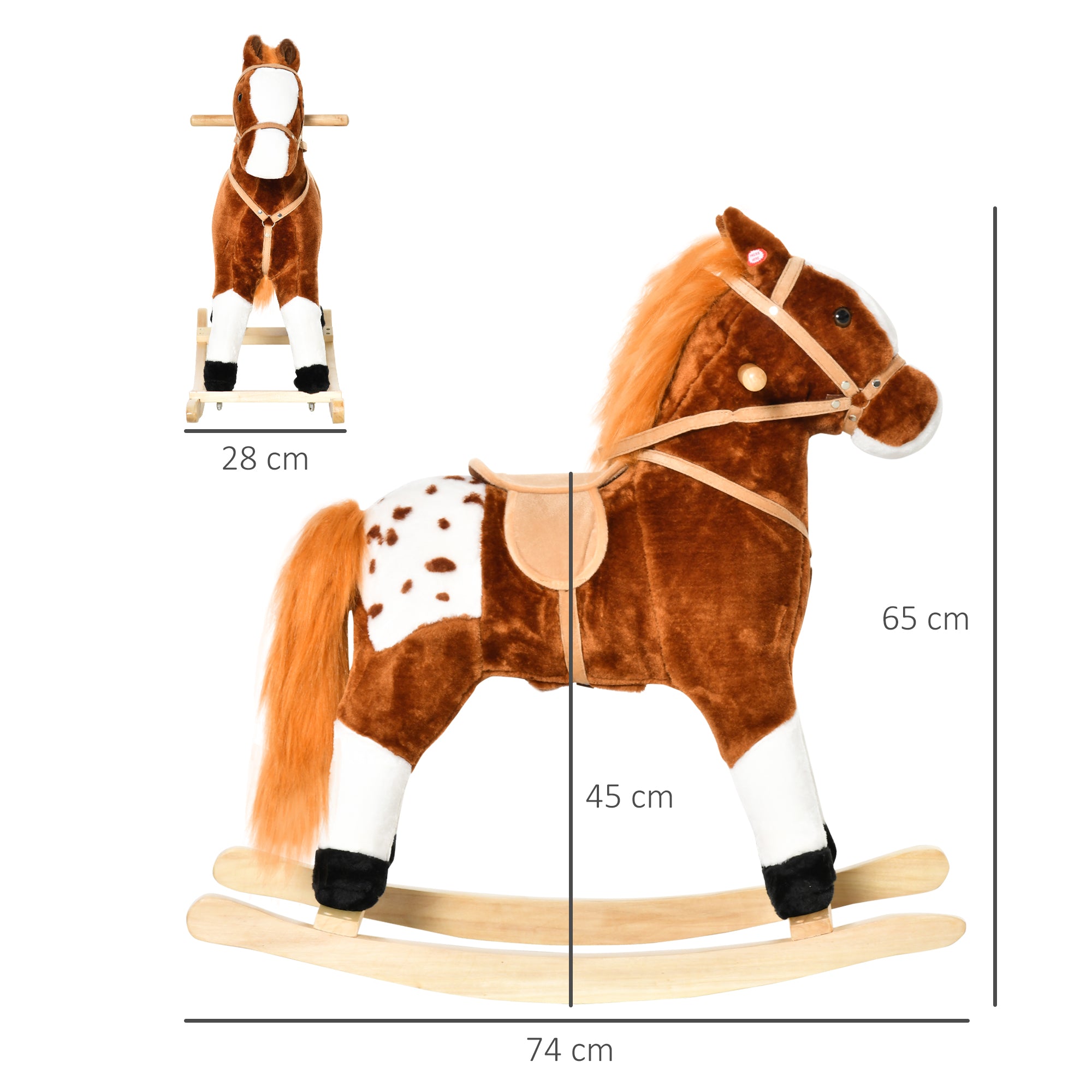 HOMCOM Kinder Schaukelpferd Schaukeltier Schaukelspielzeug Wiehern Braun 74x28x65cm